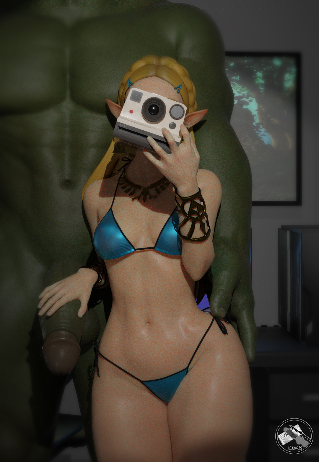 1boy, 1girls, 3d, artist logo, artist name, before and after, before sex, begging, big penis, bikin, breath of the wild, clothed female, elf, elf female, female, green penis, hand on penis, holding penis, huge cock, huge penis, large penis, larger male, light-skinned female, male, mg 42, monster, muscular, muscular male, no sex, nude male, orc, orc male, princess zelda, selfie, size difference, smaller female, standing, straight, the legend of zelda, unseen male face, zelda (breath of the wild)