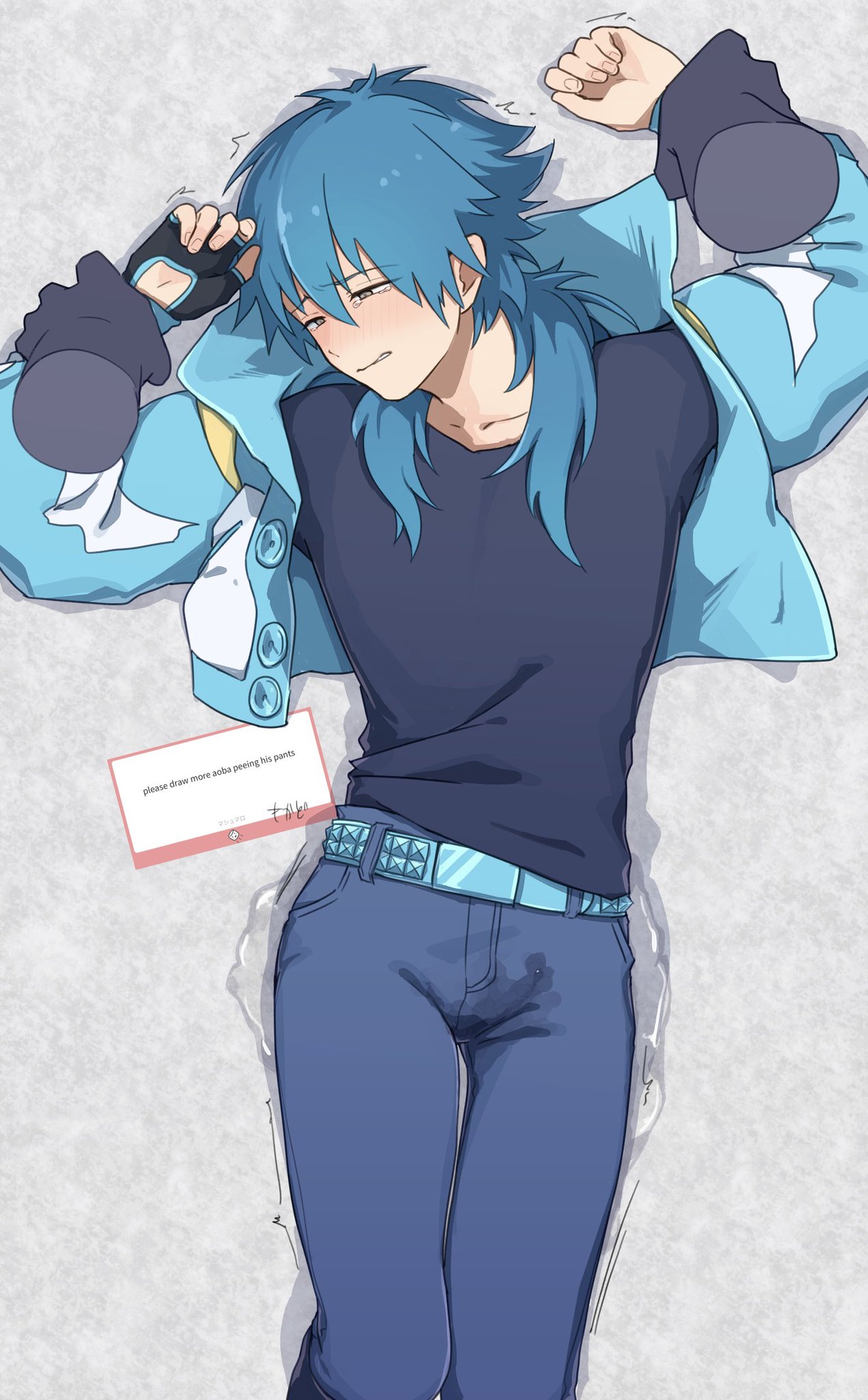 aoba seragaki, blue hair, blush, blushing, dramatical murder, embarrassed, fully clothed, humiliation, jeans, male only, mokado375, omorashi, peeing, peeing pants, peeing self, piss, pissing, solo male, twink, urination, urine