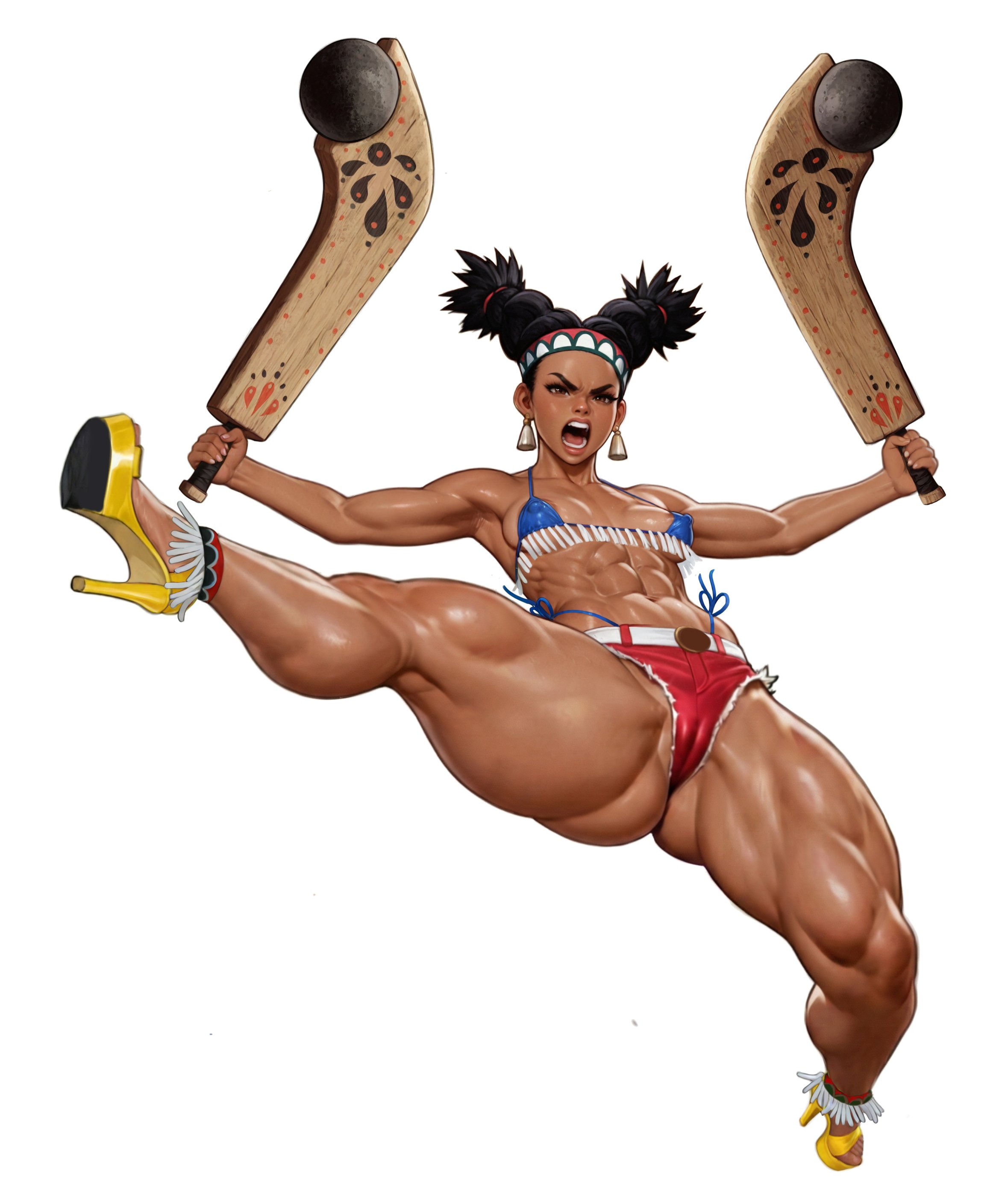 2025, abs, absurd res, absurdres, action pose, angry, angry face, anklet, areola slip, areolae, armpits, ass, belt, big ass, bikini, bikini top, black hair, breasts, brown eyes, brown nipples, cameltoe, capcom, club, dark hair, dark skin, dark-skinned female, denim shorts, digital drawing (artwork), digital media (artwork), earrings, erect nipples, erect nipples under clothes, gluteal fold, hairband, high heels, high resolution, highres, huge thighs, jefferson ulisses, jumping, large thighs, latina, lily hawk, massive thighs, mexican, muscular, muscular female, muscular thighs, one leg up, open mouth, pussy, round ass, shiny skin, shorts, skimpy, skimpy clothes, small breasts, street fighter, street fighter 6, tagme, tan body, tan skin, thick thighs, thighs, twintails, underbutt, vagina, weapon, white, white background