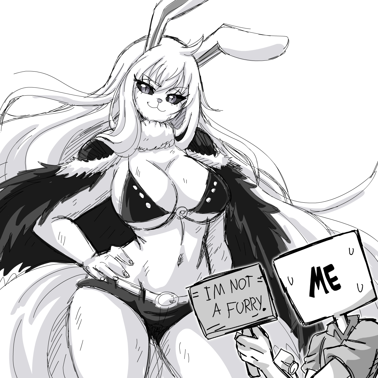 1girls, artist self-insert, beast pirates, beast pirates (cosplay), belt, black and white, black eyes, boobs, bra, breasts, bunny ears, bunny girl, bunny tail, cape, carrot (one piece), curvy, female, female only, furry, lewdamone, linea alba, long hair, monochrome, one piece, panties, rabbit, rabbit ears, rabbit humanoid, shounen jump, sulong carrot, thighs, white hair