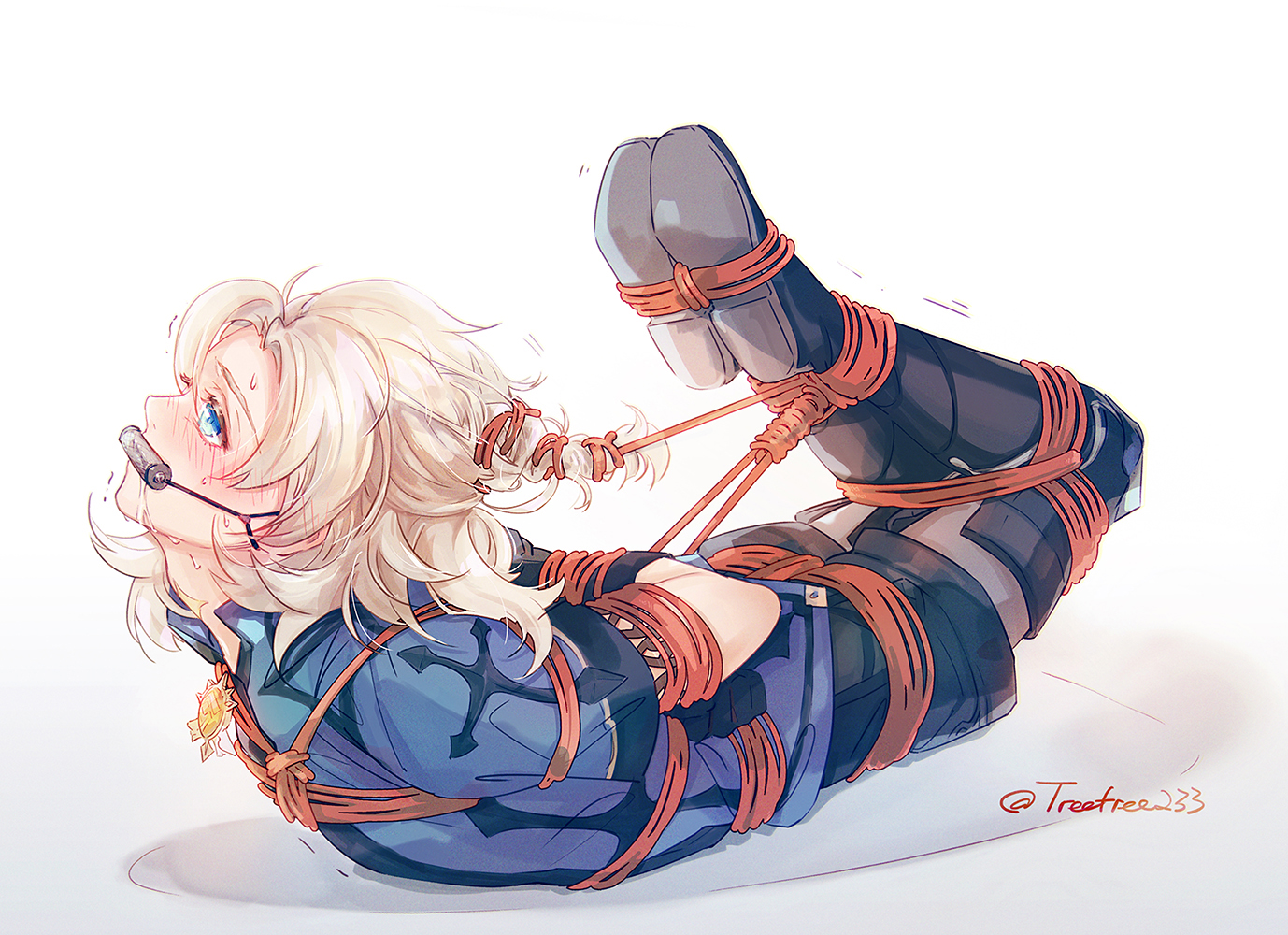 1boy, albedo (genshin impact), albino, arched back, arms behind back, blue eyes, blush, bondage, drool, drooling, fully clothed, gag, gagged, gay, genshin impact, hogtied, light skin, light-skinned male, long hair, male, male only, malesub, on stomach, pale skin, pale-skinned male, platinum blonde hair, rope, solo male, submissive male, trembling, yaoi
