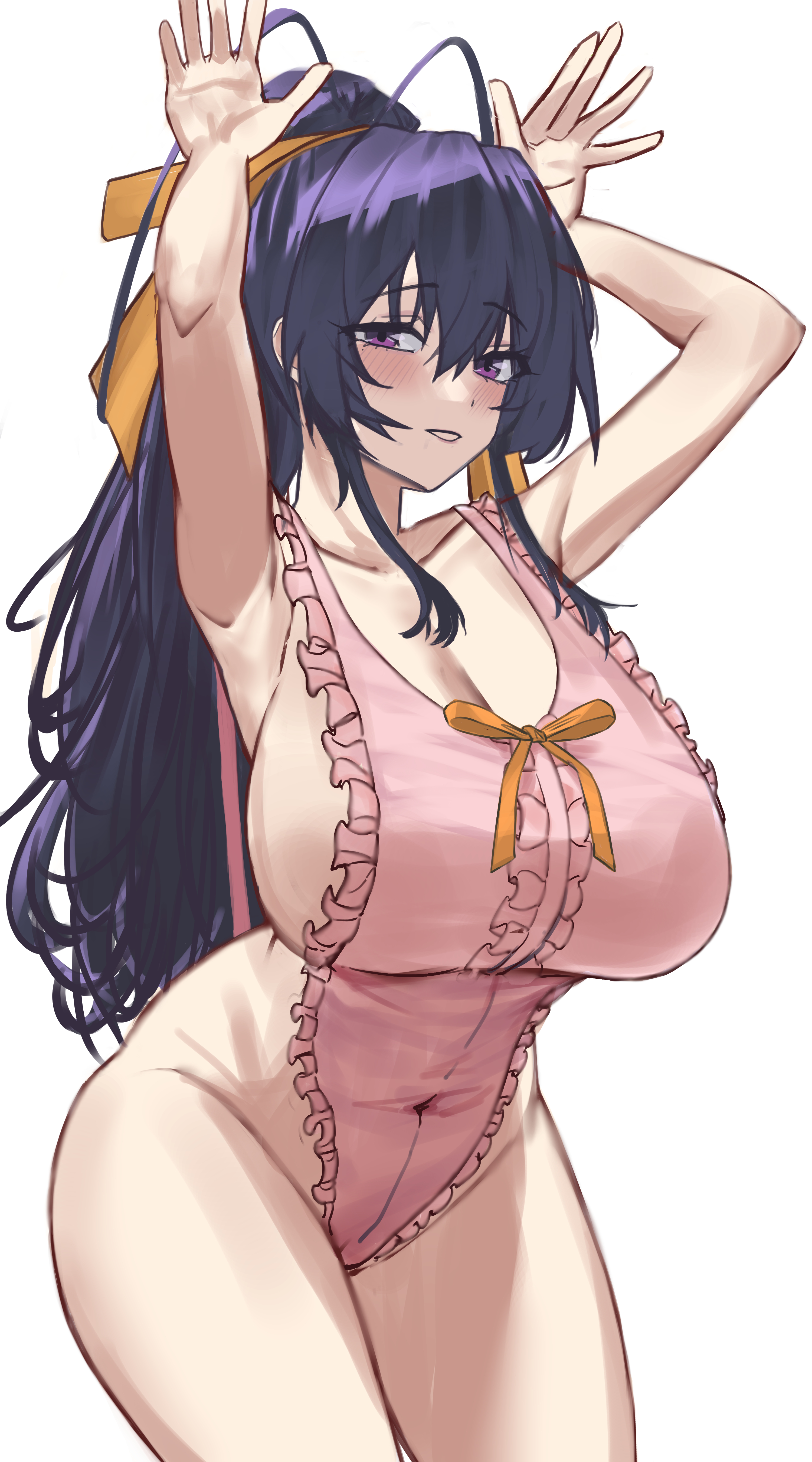 absurdres, akeno himejima, apron, armpits, big breasts, black hair, blush, blush lines, blushing, breasts, cleavage, commentary request, female, hair ribbon, hair up, high ponytail, high school dxd, highres, himejima akeno, large breasts, long hair, looking at viewer, naked apron, nuo (fttv3255), ponytail, purple eyes, rabbit pose, ribbon, simple background, solo, thick thighs, white background, wide hips, yellow ribbon