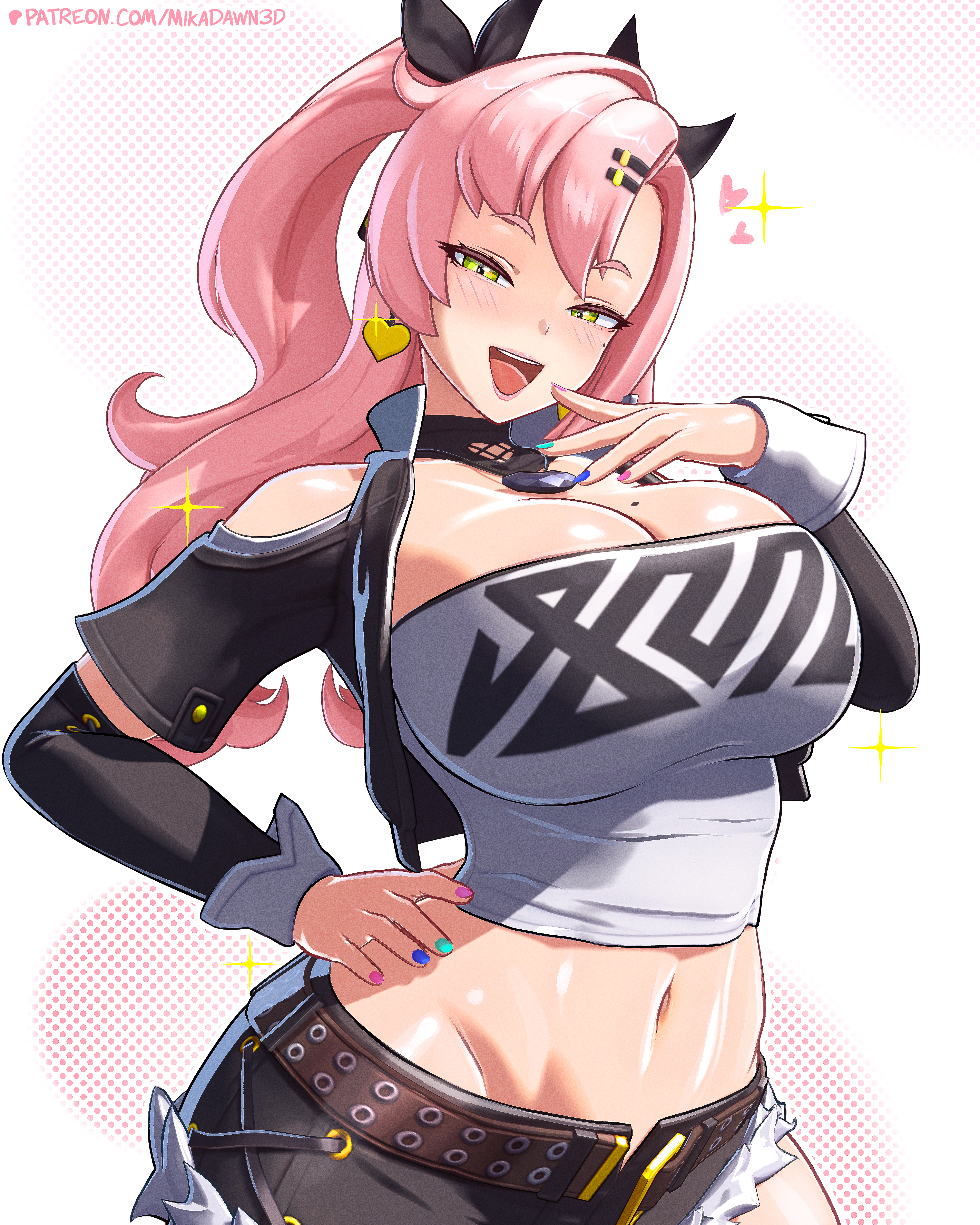 1girls, 3d, 3d (artwork), absurd res, absurdres, belt, belt buckle, big breasts, black shorts, bottomwear, breasts, crop top, ear piercing, earrings, female, female only, hair, hair ornament, hair ribbon, hairclip, hand on hip, heart, heart earrings, high resolution, highres, hips, huge breasts, long hair, mikadawn, mole, mole on breast, mole under eye, multicolored nail polish, multicolored nails, nail polish, nails, necklace, neckwear, nicole demara, pink hair, pose, posing, ribbon, short shorts, shorts, solo, solo female, sparkles, topwear, twintails, zenless zone zero
