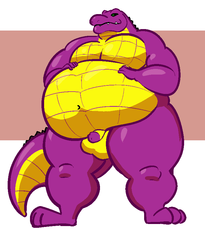 alligator alligatorid anthro balls belly big_belly crocodilian flaccid genitals grungebeetle hands_on_belly looking_at_viewer looking_down male musclegut navel pecs penis purple_body reptile scalie sergio_the_buff smug solo standing thick_thighs yellow_belly