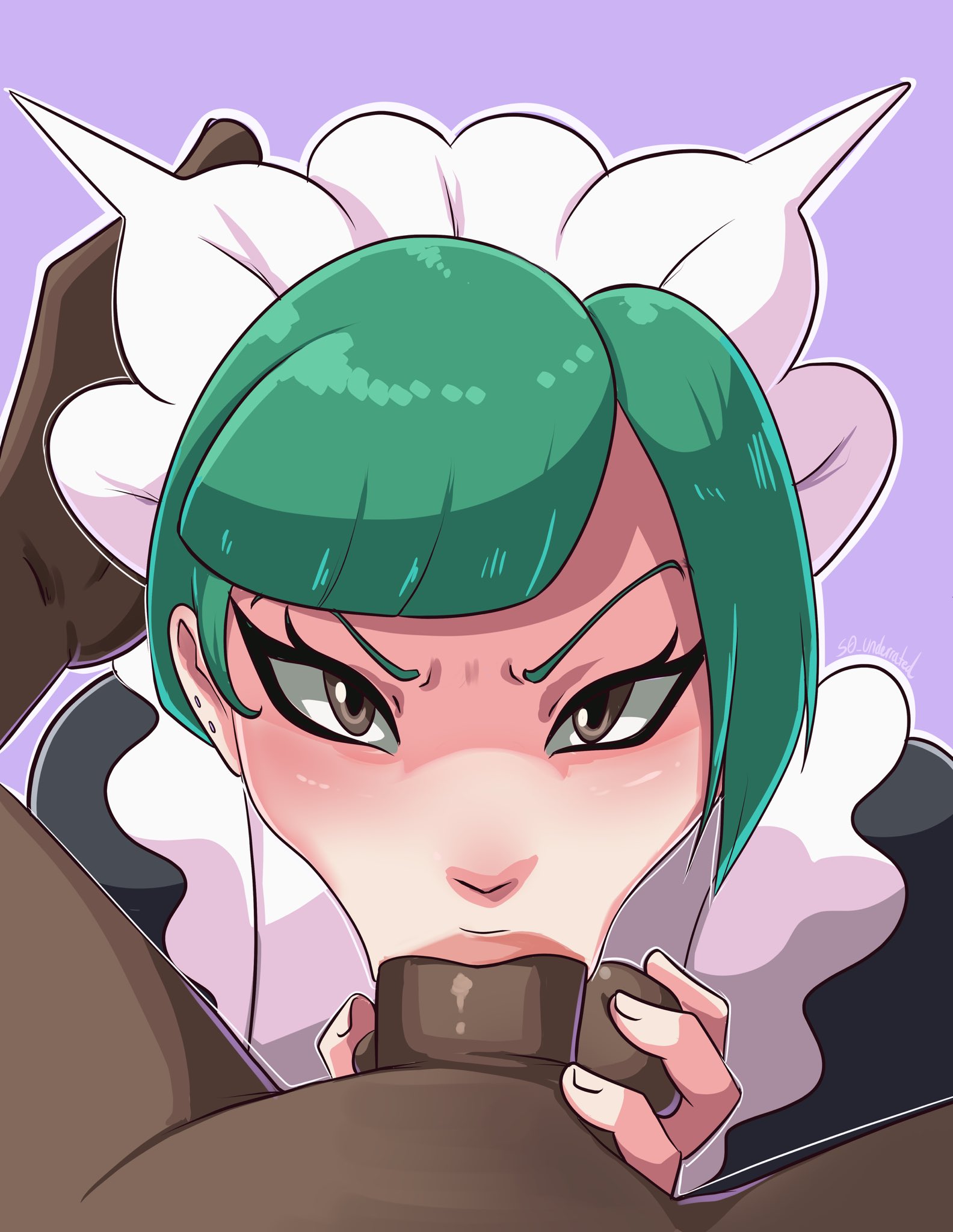 1boy, 1girls, angry, angry expression, angry face, blowjob, dark skin, dark-skinned male, fellatio, female, green hair, harujio (pokemon), lebanne (pokemon), light skin, light-skinned female, maid, maid headdress, male, oral, oral penetration, oral sex, pokemon, pokemon legends: z-a, rape, s0 underrated, unseen male face