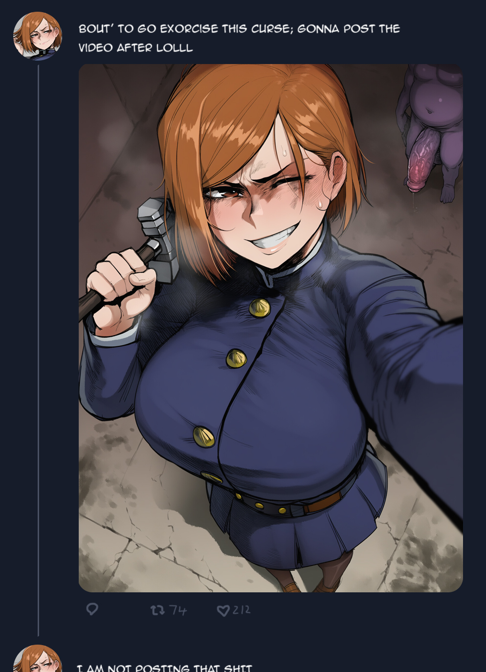 1boy, 1girls, ai generated, big breasts, big penis, blush, brown hair, faceless character, faceless male, fully clothed, grinning, hammer, jazzifu, jujutsu kaisen, kugisaki nobara, looking at viewer, meme, monster, orange hair, posing, self upload, selfie, selfie pose, smile, social media, twitter, uniform, winking at viewer