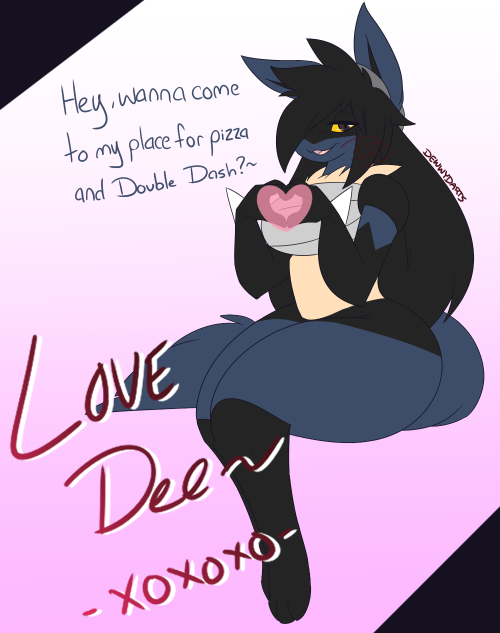 ass beanie breasts dee(dewwydartz) dewwydarts dewwydartz dialogue female furry game_freak heart hourglass_figure lucario nintendo pokemon pokemon_(species) text thick_thighs wide_hips yellow_eyes