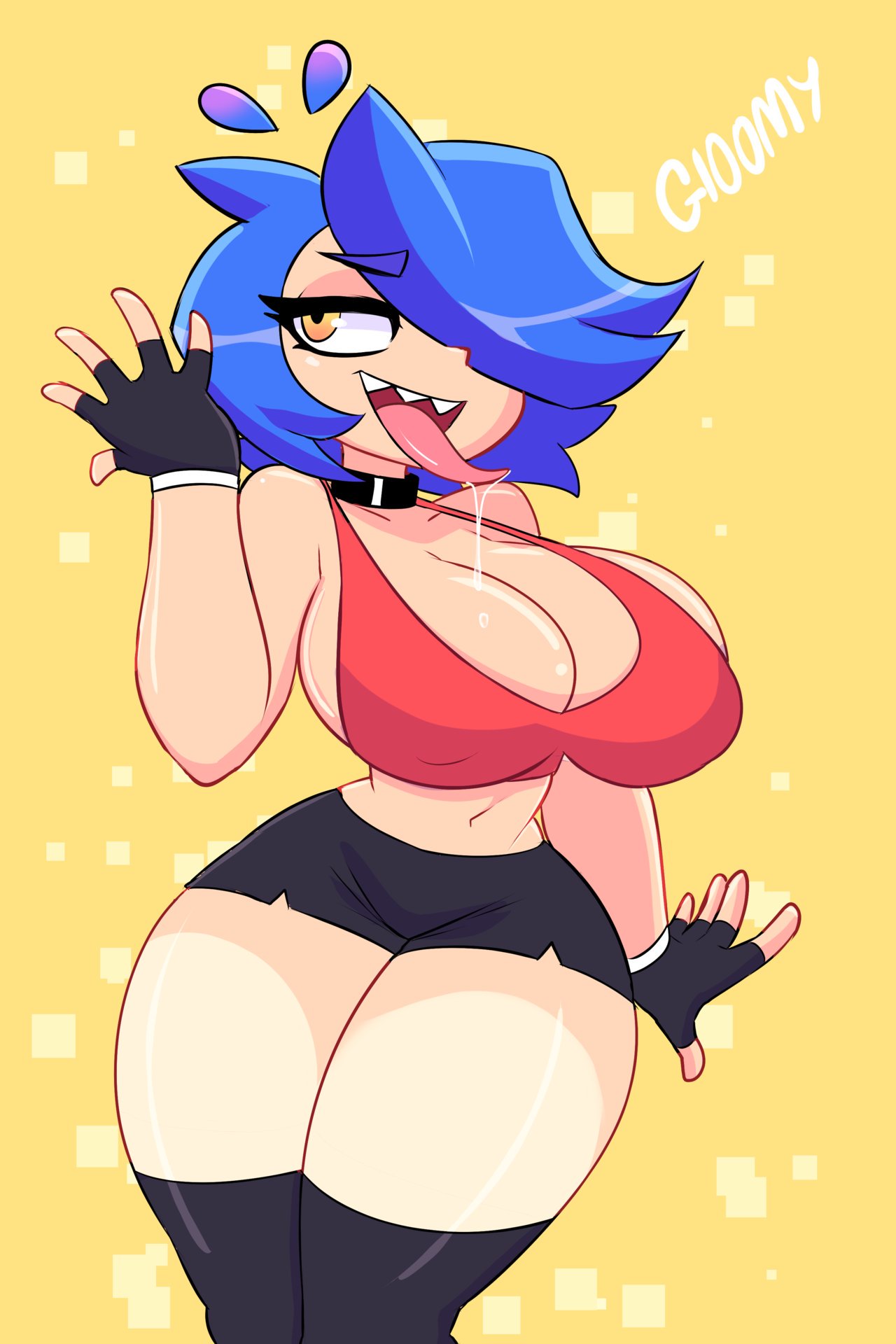 big breasts, blue hair, breasts, collar, fanart, fingerless gloves, gloomyacid, gloves, leggings, long tongue, sharp teeth, short hair, short shorts, shorts, skarp world, skarpne (skarp world), skimpy, skimpy clothes, thick thighs, tongue, tongue out, topwear
