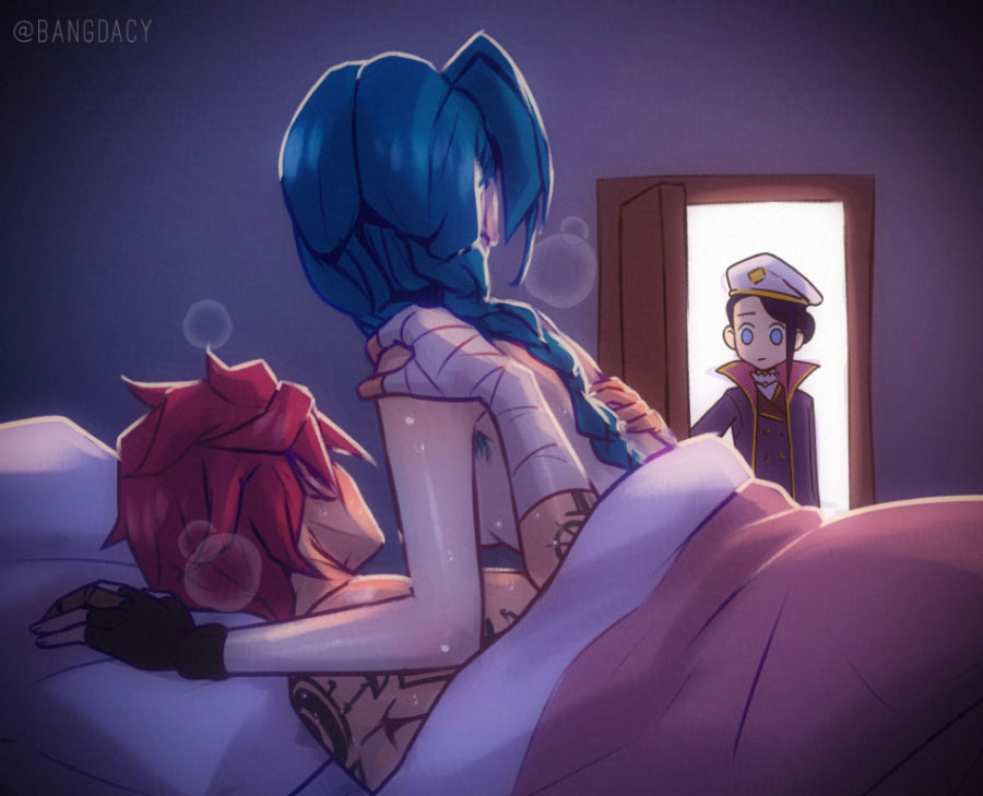 3girls arcane arcane_caitlyn arcane_jinx arcane_vi artist_name ass bangdacy bedroom black_hair blanket blue_eyes blue_hair braid caitlyn_(league_of_legends) caught caught_in_the_act cheating cheating_(relationship) child_bearing_hips coat convenient_arm cucked_by_sister cuckquean curvaceous curvaceous_ass curvaceous_body curvaceous_female curvaceous_figure curvaceous_hips curvaceous_thighs curvy curvy_body curvy_female curvy_figure curvy_hips curvy_thighs female female_focus female_only hat heavy_breathing incest interrupted jinx_(league_of_legends) league_of_legends long_hair meme multiple_girls on_bed open_door pillow pink_hair precure_netorare_(meme) ruining_the_glorious_moment shirt short_hair siblings sisters tattoo thick thick_hips thick_legs under_covers vi vi_(league_of_legends) waifu walk-in yuri