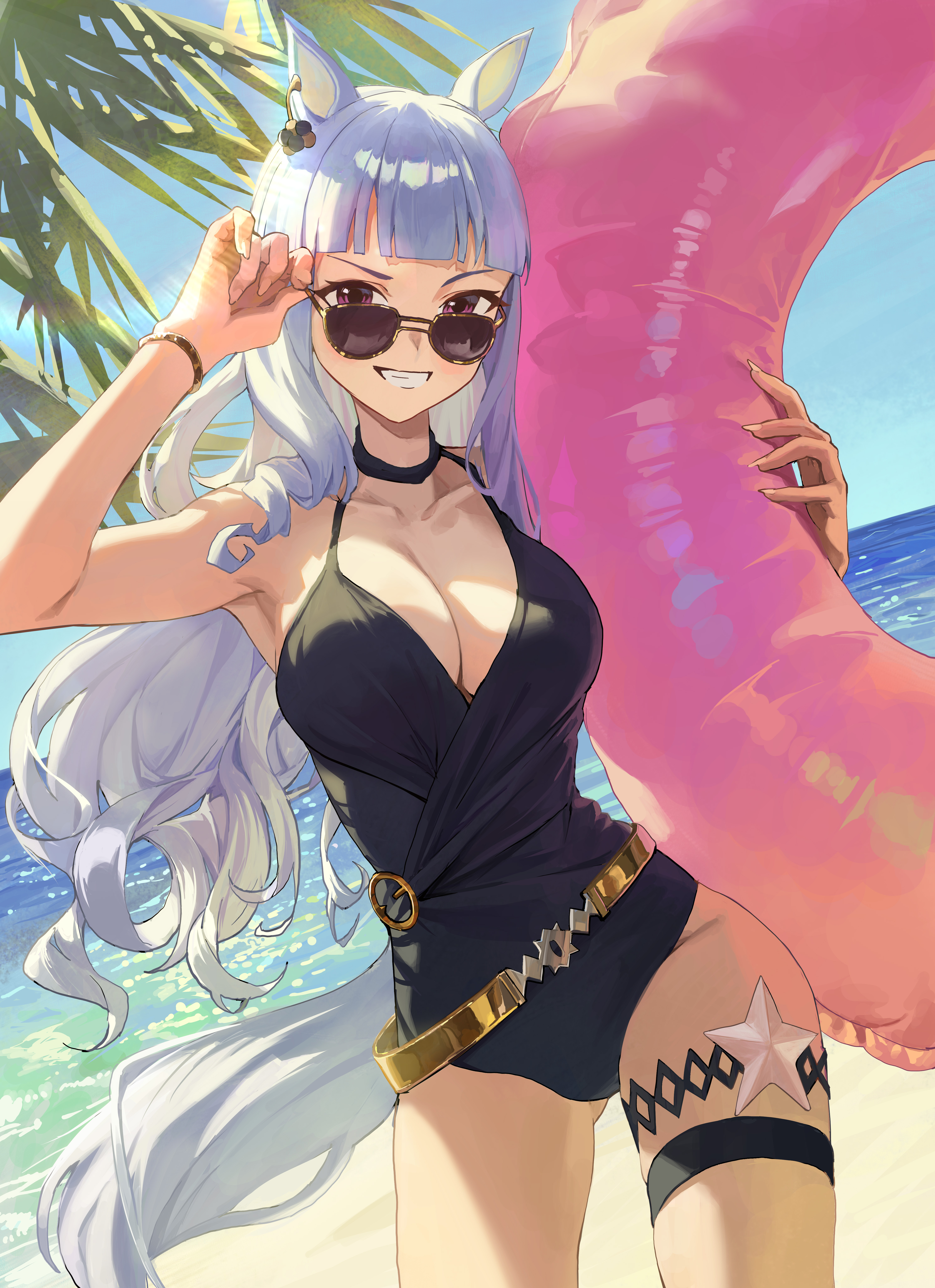 1girls, absurdres, adjusting eyewear, animal ears, armpits, beach, black one-piece swimsuit, breasts, casual one-piece swimsuit, cleavage, collarbone, commentary, ear ornament, female, female only, gold ship (run revolt launcher) (umamusume), gold ship (umamusume), grin, highres, horse ears, horse girl, horse tail, kkarong, large breasts, long hair, looking at viewer, looking over eyewear, looking over sunglasses, ocean, official alternate costume, on innertube, one-piece swimsuit, outdoors, purple eyes, purple hair, purple tail, purple-tinted eyewear, skindentation, smile, solo, sunglasses, swimsuit, tail, thigh strap, thighs, tinted eyewear, umamusume, yellow-framed eyewear