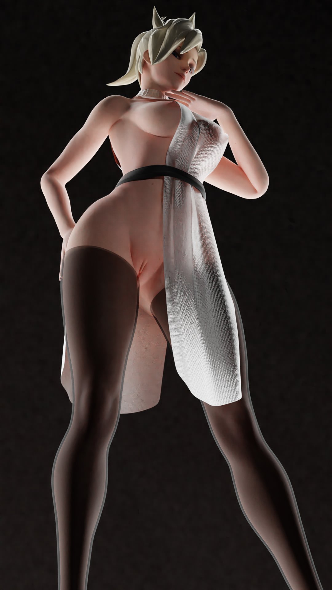 1girls, 3d, breasts, female, looking at viewer, mercy, moonroomoom, overwatch, pussy, revealing clothes, thighhighs
