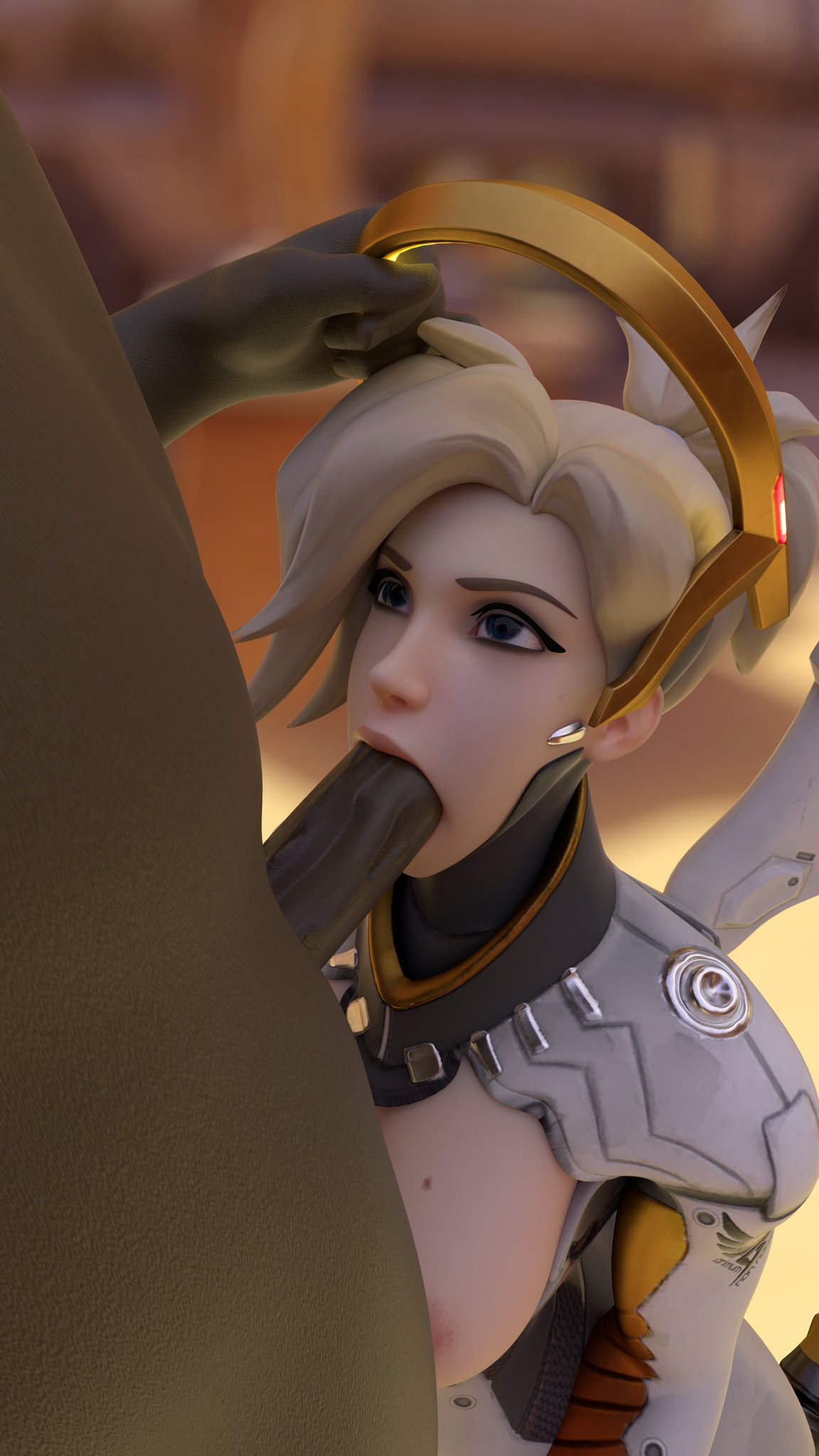 1girls, 3d, big penis, blonde hair, blowjob, blue eyes, breasts, currysfm, dark skin, dark-skinned male, desert, eye contact, fellatio, female, interracial, kneeling, large penis, light skin, light-skinned female, male, mercy, oral, overwatch, penis