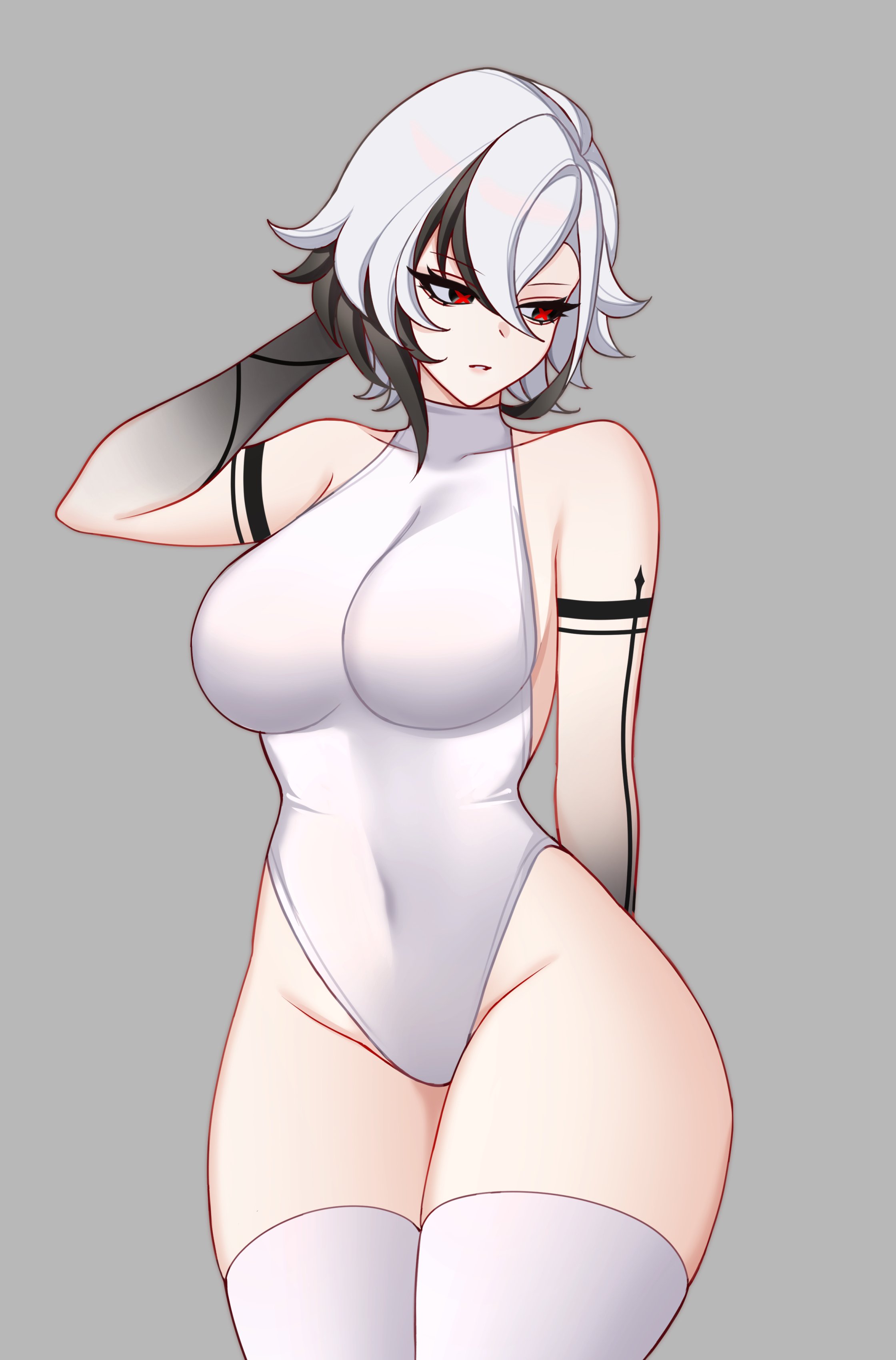 1girls, 2026, arlecchino (genshin impact), bare thighs, big breasts, black hair, breasts, charlie purrito, female, female only, genshin impact, hi res, hoyoverse, light skin, light-skinned female, looking down, mihoyo, multicolored hair, red eyes, simple background, solo, stomach, thick thighs, thighs, two-tone hair, underwear, white background, white hair, white skin