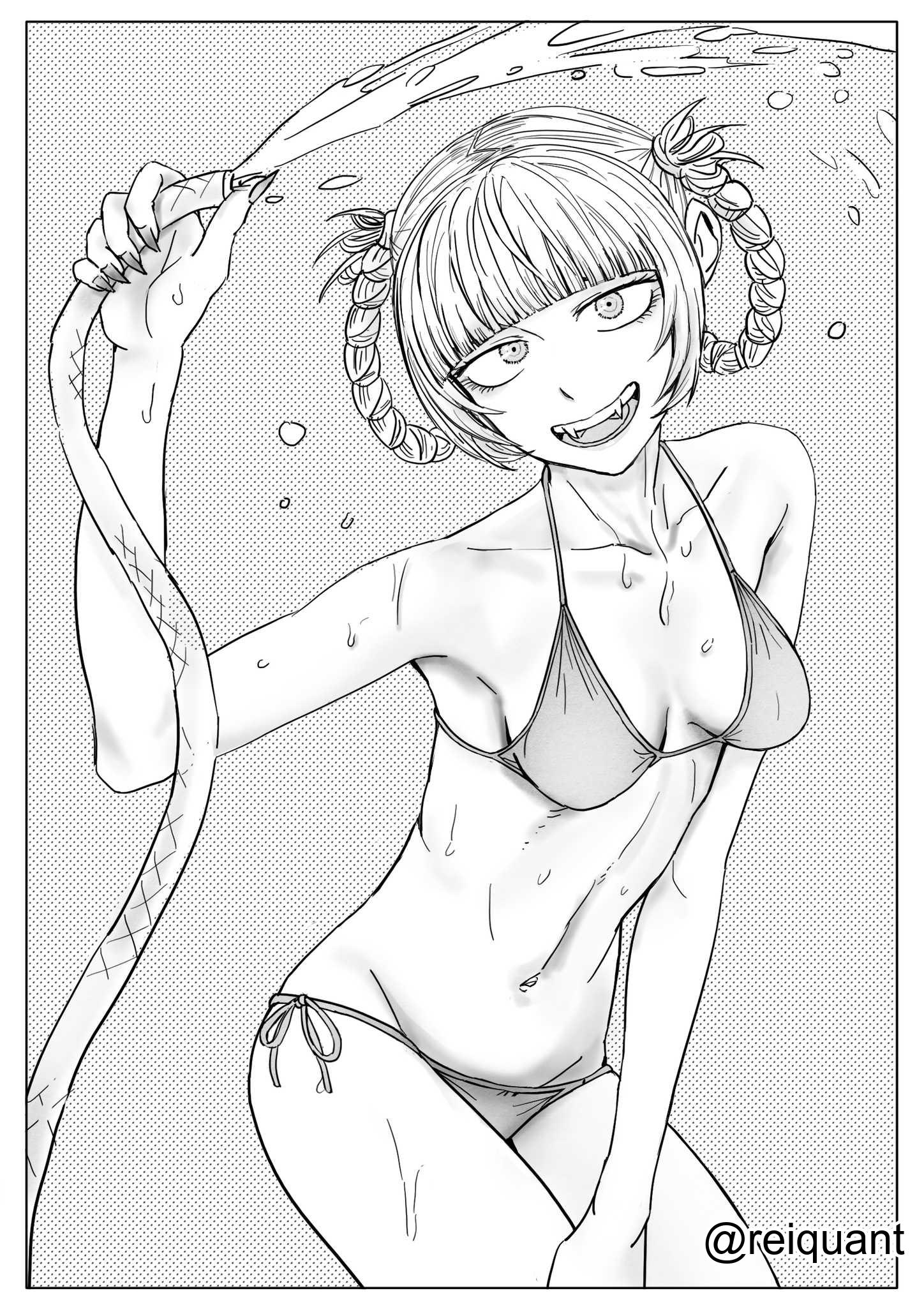 1girls, 2d, 2d (artwork), 2d artwork, adult, adult female, alternate breast size, arm above head, arm up, armpit, armpit crease, armpit peek, armpits, average breasts, bare armpits, bare arms, bare belly, bare chest, bare hands, bare hips, bare legs, bare midriff, bare navel, bare shoulders, bare skin, bare thighs, belly, belly button, bikini, bikini bottom, bikini only, bikini top, black and white, blunt bangs, braid, braided hair, braided pigtails, braids, breasts, breasts apart, call of the night, cleavage, collarbone, digital, digital art, digital drawing, digital drawing (artwork), digital media, digital media (artwork), elbows, exposed armpits, exposed arms, exposed belly, exposed chest, exposed hips, exposed legs, exposed midriff, exposed navel, exposed shoulders, exposed skin, exposed thighs, female, female focus, female only, fingernails, fingers, greyscale, groin, hairless armpits, halterneck, hand above head, hand up, head tilt, high resolution, highres, hose, lean figure, linea alba, looking at viewer, mature, mature female, medium breasts, midriff, monochrome, nail polish, nails, nanakusa nazuna, narrow waist, navel, nipple bulge, open mouth, open mouth smile, parted lips, petite, petite body, petite breasts, petite female, petite girl, petite tits, presenting armpit, reiquant, shaved armpits, short hair, shoulders, side-tie bikini, simple background, slender body, slender waist, slim waist, smile, smiley face, smiling, smiling at viewer, solo, standing, stomach, string bikini, swimsuit, swimwear, thighs, tilted head, tongue, twin braids, upper body, upper teeth, vampire, vampire girl, vampire teeth, water, water hose, yofukashi no uta