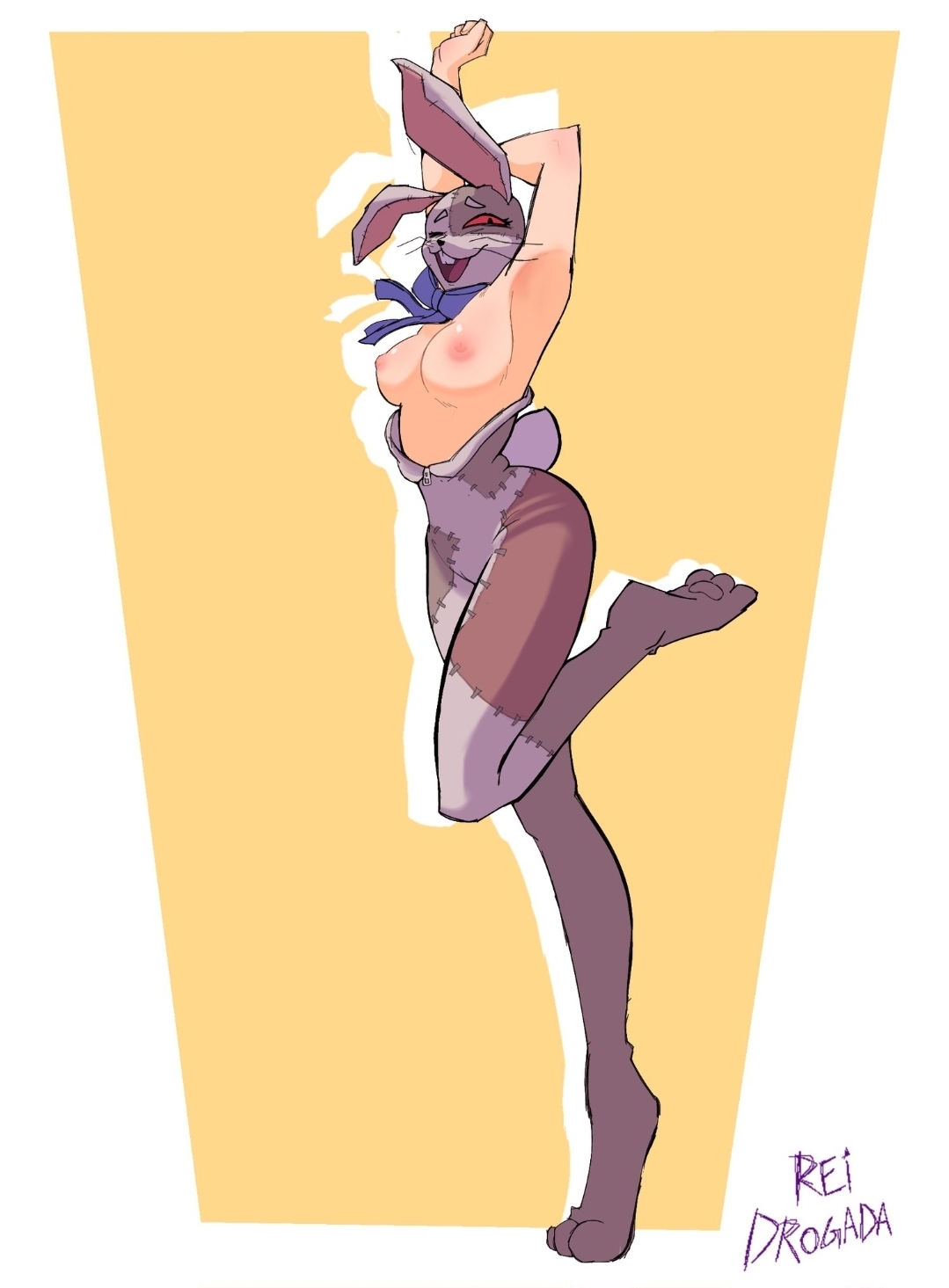 1girls, 2d, 2d (artwork), armpits, arms behind head, breasts, bunny, bunny ears, bunny girl, bunnysuit, casual topless, colored, female, female only, five nights at freddy's, five nights at freddy's: security breach, happy, happy female, rabbit, rabbit ears, rabbit girl, rabbit humanoid, rabbit tail, red eyes, rei drogada, smiling at viewer, smug, solo, thick thighs, thighs, topless, topless female, twitter, vanny (fnaf), watermark