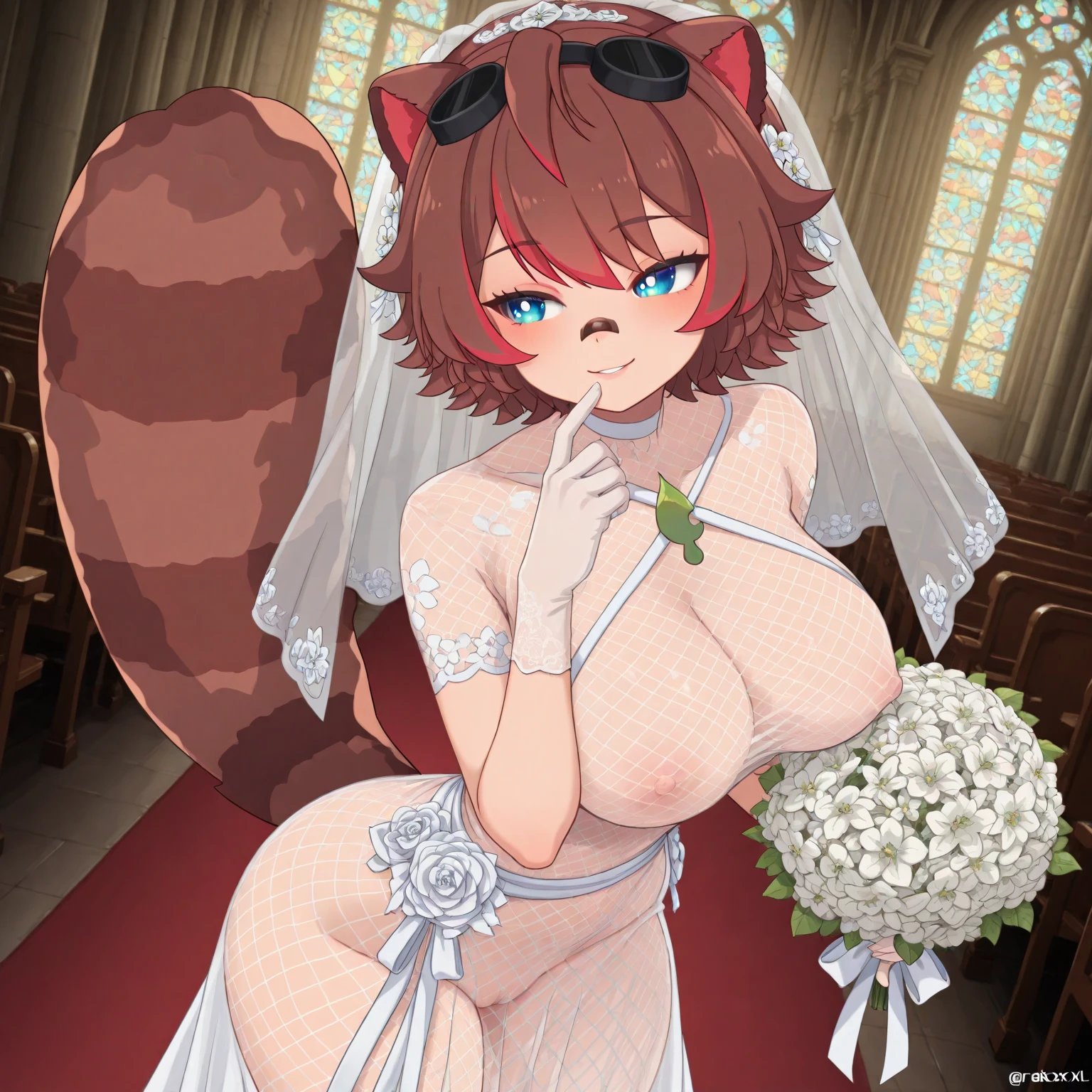 ai generated, altar, animal ears, blue eyes, breasts, brown hair, exposed, female, nipples, pussy, rakkun, sexy, sexy clothing, sexy dress, tail, uncensored, wife