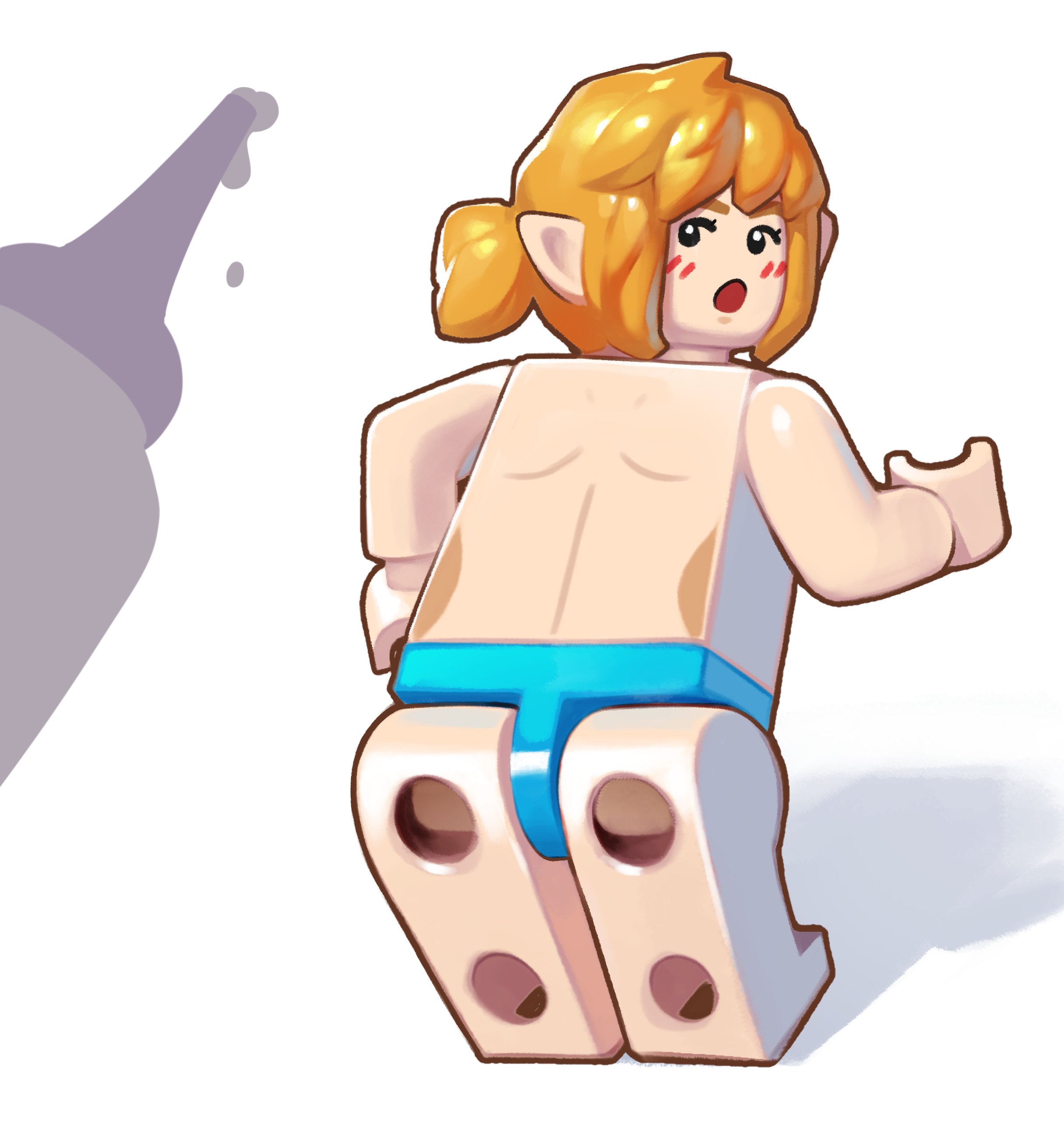 1boy, ass, back, black eyes, blonde hair, blush, bottle, briefs, clothing, combos-n-doodles, doll joints, from behind, full body, joints, lego, lego anatomy, link, looking at viewer, looking back, male, male focus, male swimwear, male underwear, medium hair, nintendo, open mouth, pointy ears, ponytail, short ponytail, simple background, solo, swim briefs, the legend of zelda, topless male, underwear, what, white background