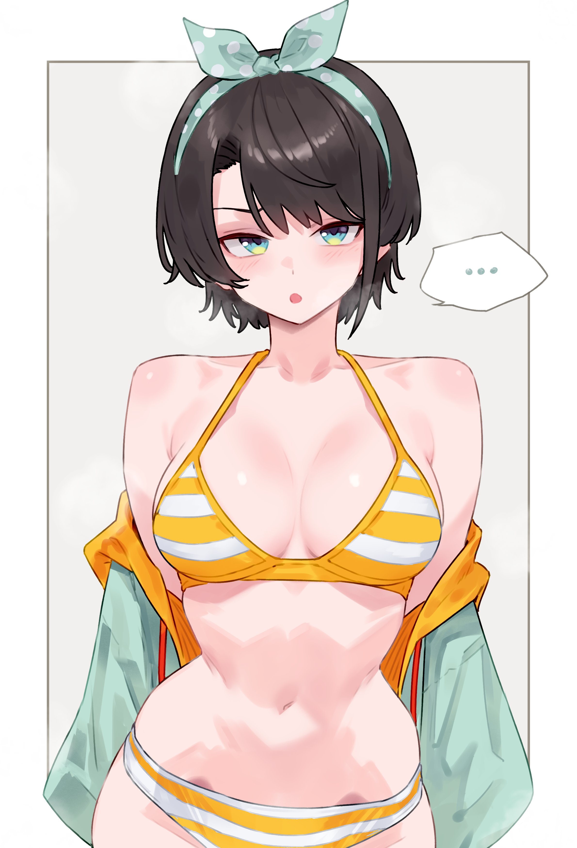 bikini, blue eyes, bluefield, brown hair, dark hair, female, female only, hololive, hourglass figure, looking at viewer, medium breasts, oozora subaru, sfw, simple background, tagme, virtual youtuber