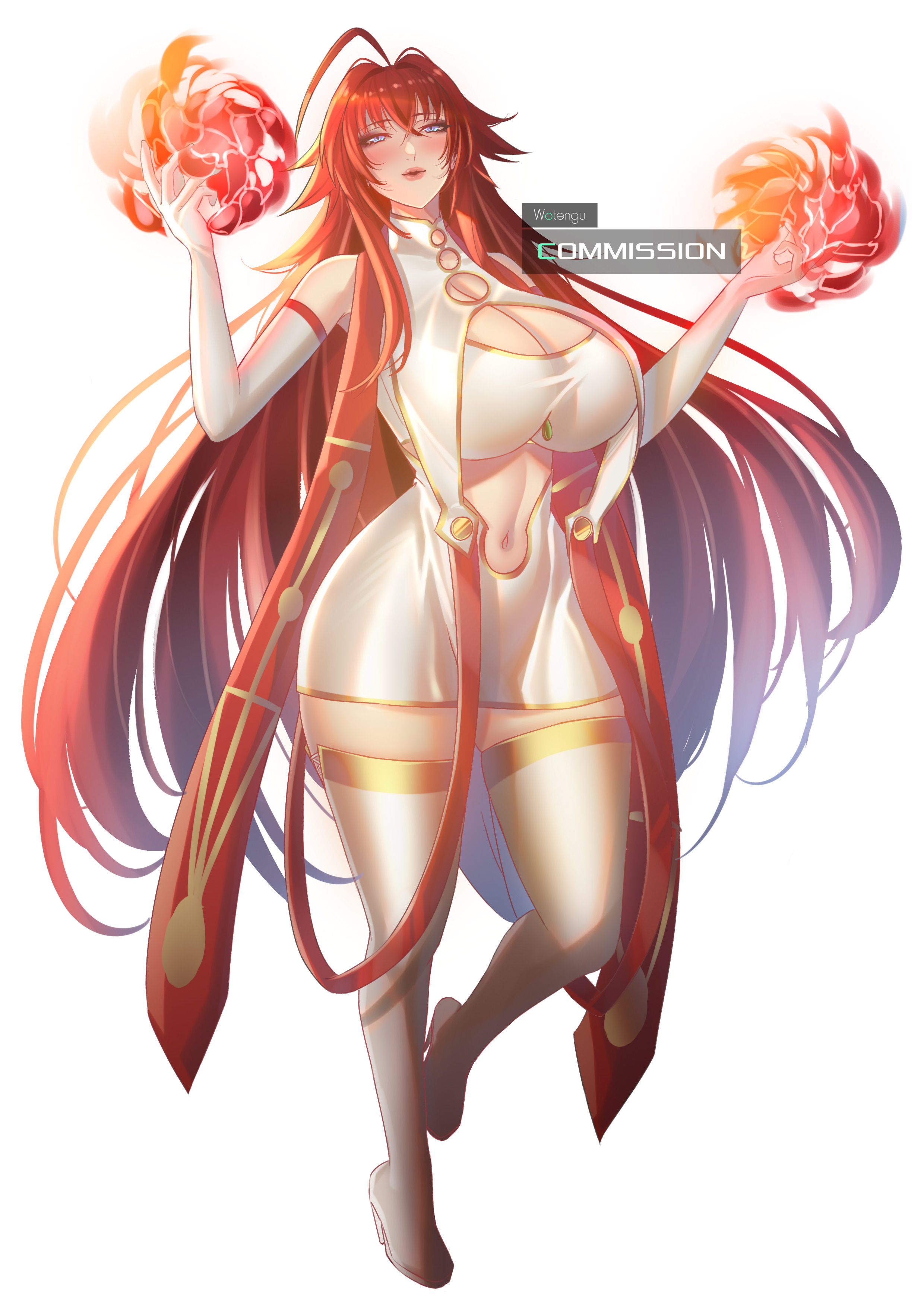 absurdres, ahoge, artist name, big breasts, blue eyes, boots, breasts, cleavage, clothing cutout, commentary, commission, cosplay, dress, dress of heaven, elbow gloves, english commentary, fate (series), fate/grand order, female, female only, fire, full body, gloves, hair between eyes, high heel boots, high school dxd, highres, huge ahoge, huge breasts, irisviel von einzbern (caster), irisviel von einzbern (caster) (cosplay), lips, long hair, looking at viewer, navel cutout, red hair, rias gremory, sleeveless, sleeveless dress, solo, standing, standing on one leg, thick thighs, thigh boots, thighs, thin waist, very long hair, white background, white boots, white dress, white gloves, wide hips, wotengu