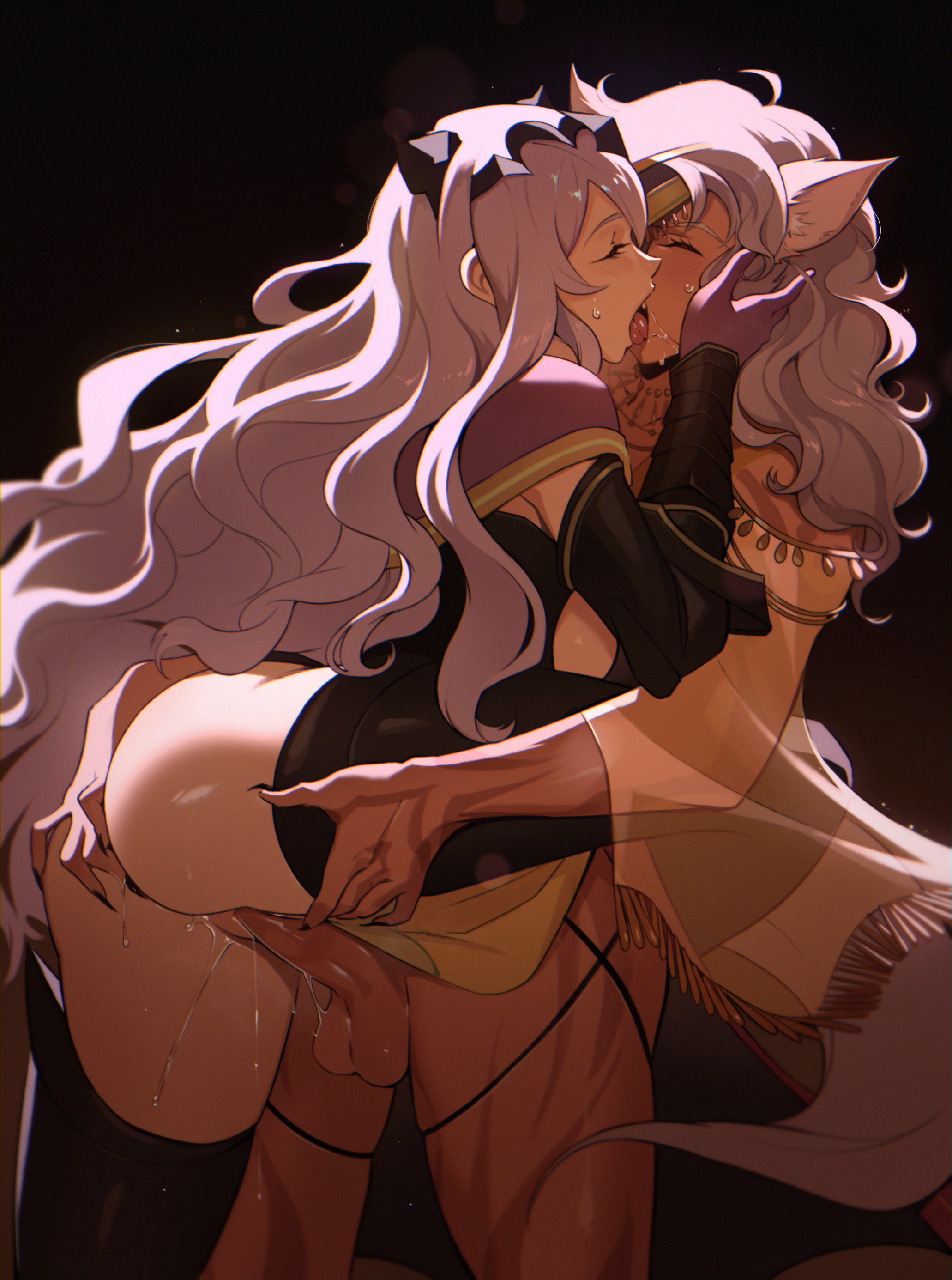 1futa, 1girls, 2d, animal ears, ass, big ass, big butt, big thighs, camilla (fire emblem), female, fire emblem, fire emblem fates, fire emblem: radiant dawn, futa on female, futanari, kissing, kissing while penetrated, nailah (fire emblem), purple hair, sex, standing, standing on one leg, standing sex, tagme, thighs, timbocactus, vaginal penetration, vaginal sex, wolf ears, wolf girl
