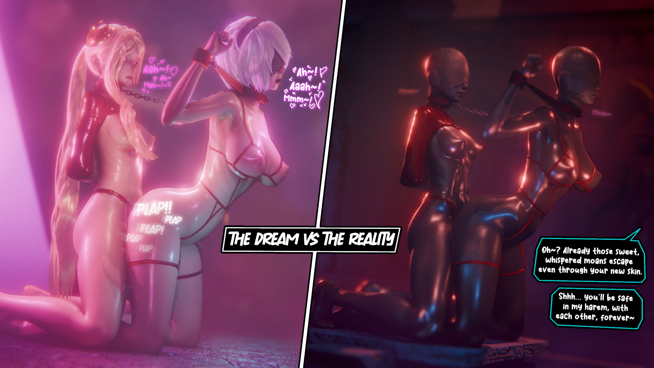 2girls, 2koma, 3d, armbinder, arms behind back, bdsm gear, before and after, blindfold, bodysuit, bondage, bondage gear, bound, bound arms, boxbinder, chained, chains, collar, comic page, dialogue, doggy style, exposed breasts, exposed nipples, female, female only, femsub, harness, hood, hypnosis, latex, legs, lesbian sex, lezdom, living sex toy, mercierharrogate, midriff, moaning, moaning in pleasure, nier: automata, plap, practically nude, restrained, restraints, self upload, sex, sex from behind, sex slave, skinsuit, slave, statue, strap-on, strapon, submissive, submissive female, sweat, sweaty, text, thighs, thin waist, tied up, toned female, transformation, yorha 2b, yorha commander, yuri
