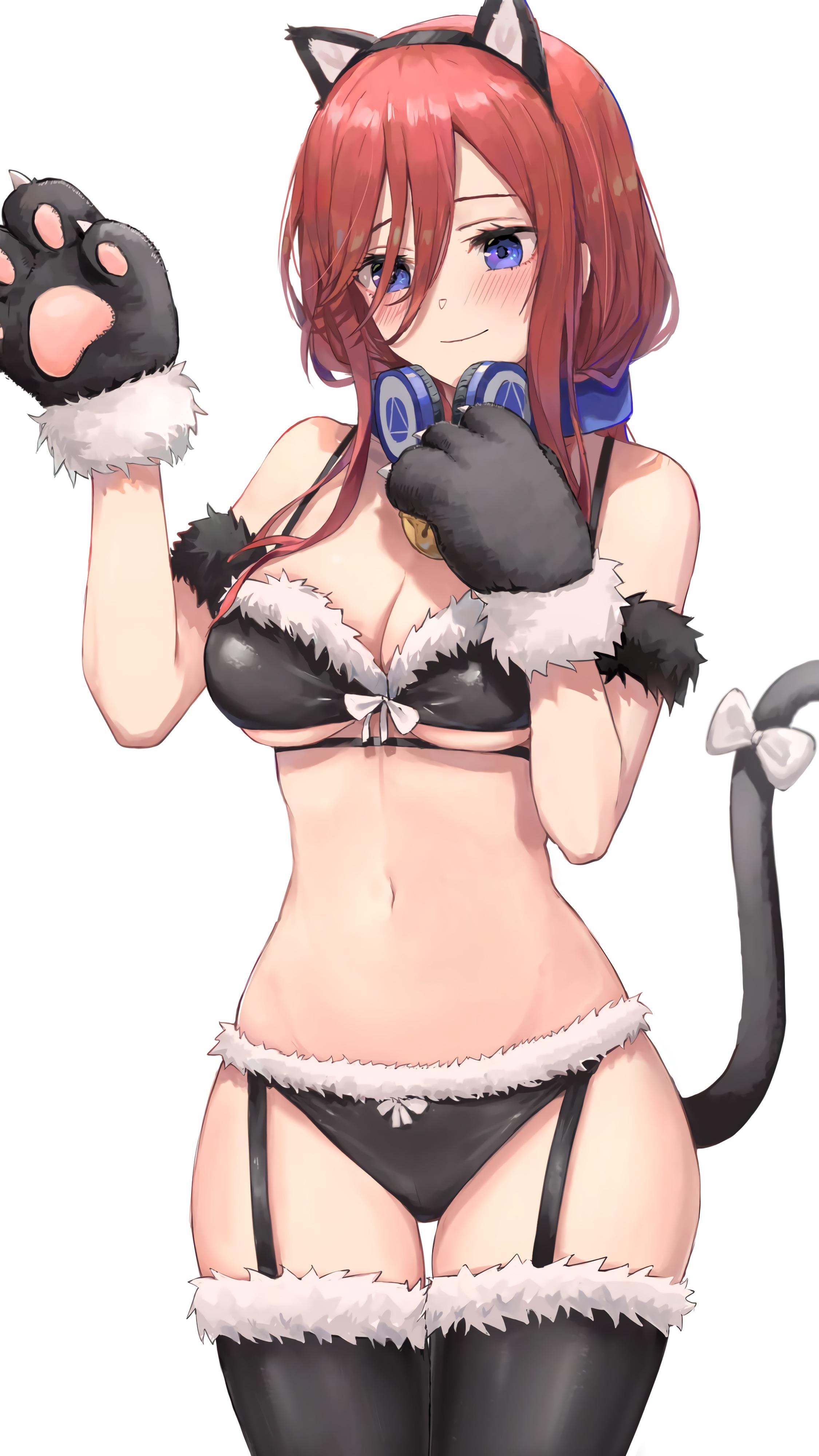blue eyes, blush, breasts, brown hair, cat ears, cat girl, cat paws, cat tail, catgirl, female, fluffy, go-toubun no hanayome, happy, headphones, headphones around neck, leggings, legwear, long hair, nakano miku, panties, stockings