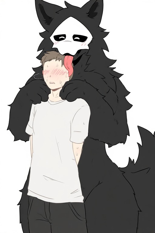 2boys, 2d, 2d (artwork), 2d artwork, anthro, black body, black fur, black hair, blush, changed (video game), dark hair, dark skin, fur, furry, happy, licking, living latex, long tongue, male, male focus, male only, male/male, puro (changed), tagme, tongue, tongue out