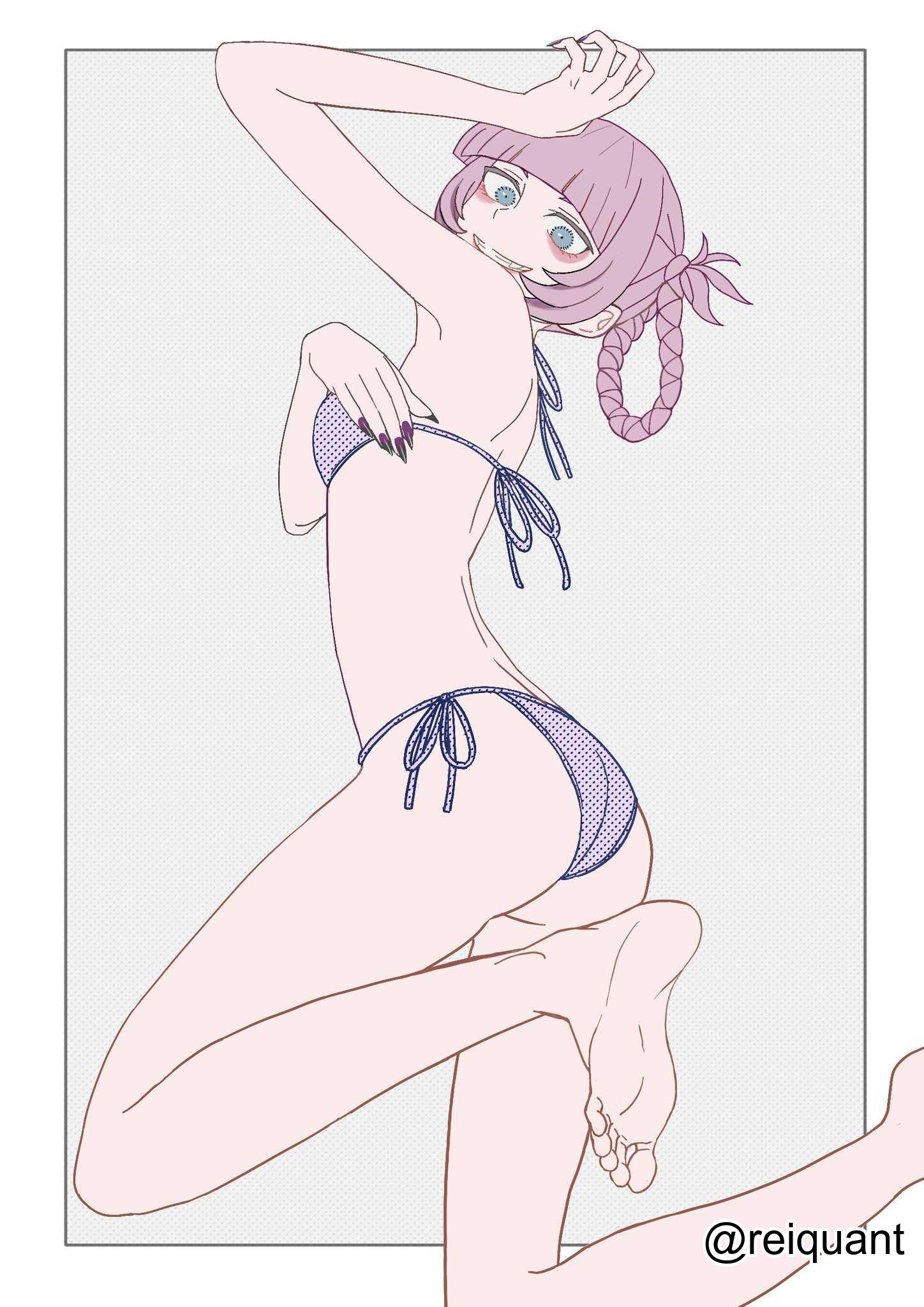 1girls, 2d, 2d (artwork), 2d artwork, adult, adult female, almost naked, almost nude, ankles, arm above head, arm up, armpits, ass, ass cleavage, ass crack, back, back-tie bikini, back-tie swimwear, bare armpits, bare arms, bare back, bare calves, bare hands, bare hips, bare knees, bare legs, bare shoulders, bare skin, bare soles, bare thighs, bare toes, barefoot, blue eyes, blue-eyed female, blunt bangs, braid, braided hair, braided pigtails, braids, breasts, call of the night, calves, digital, digital art, digital drawing, digital drawing (artwork), digital media, digital media (artwork), elbows, exposed armpits, exposed arms, exposed back, exposed hips, exposed legs, exposed shoulders, exposed skin, exposed thighs, exposed toes, feet, female, female focus, female only, fingernails, fingers, foot up, full body, gluteal fold, grey background, grin, grinning, grinning at viewer, hand above head, hand up, head tilt, high resolution, highres, knees, lean figure, legs, looking at viewer, looking down, looking down at viewer, mature, mature female, median furrow, mostly nude, nail polish, nails, naked, naked female, naked woman, nanakusa nazuna, narrow waist, nearly nude, nude, nude female, nudity, parted lips, petite, petite body, petite breasts, petite female, petite girl, petite tits, pink eyebrows, pink hair, pink hair female, pink-haired female, posing, posing for the viewer, posing naked, posing nude, practically nude, reiquant, short hair, shoulder blades, shoulders, sideboob, slender body, slender waist, slim waist, small breast, small breasts, smile, smiley face, smiling, smiling at viewer, soles, solo, thighs, tilted head, tiny breasts, toes, twin braids, vampire, vampire girl, yofukashi no uta