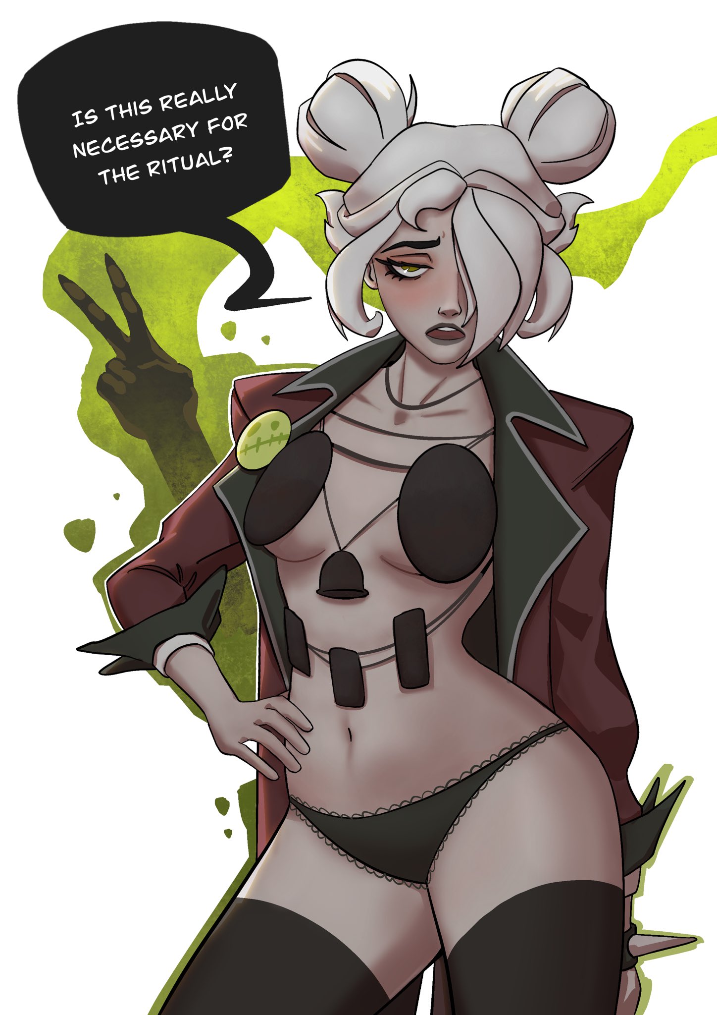 , 1girl, 1girls, annoyed, annoyed expression, black lipstick, bra, darcy graves, deadlock, dialogue, female, female focus, female only, goth, graves (deadlock), jacket, lipstick, looking at viewer, panties, partially clothed, partially clothed female, skimpy, skimpy clothes, skimpy clothing, skwati cacao, solo, solo female, stockings, talking to viewer, text, thigh highs, thighhighs, valve, white hair