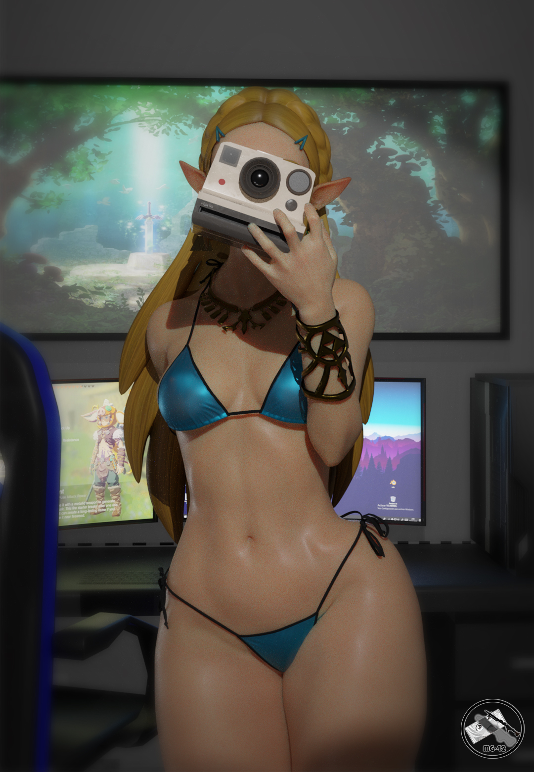 3d, breath of the wild, elf ears, mg 42, princess zelda, selfie, the legend of zelda, thick thighs, zelda (breath of the wild)
