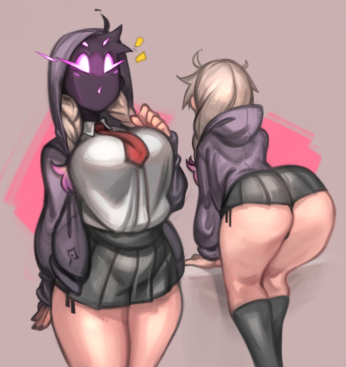 all fours, ass, black panties, blonde hair, braid, female, hoodie, kelvin hiu, kneehighs, miniskirt, original, panties, panty peek, pleated skirt, school uniform, side-tie panties, skirt, socks, tagme, thighs, tie, twin braids, uniform, upskirt, violet (kelvin hiu)