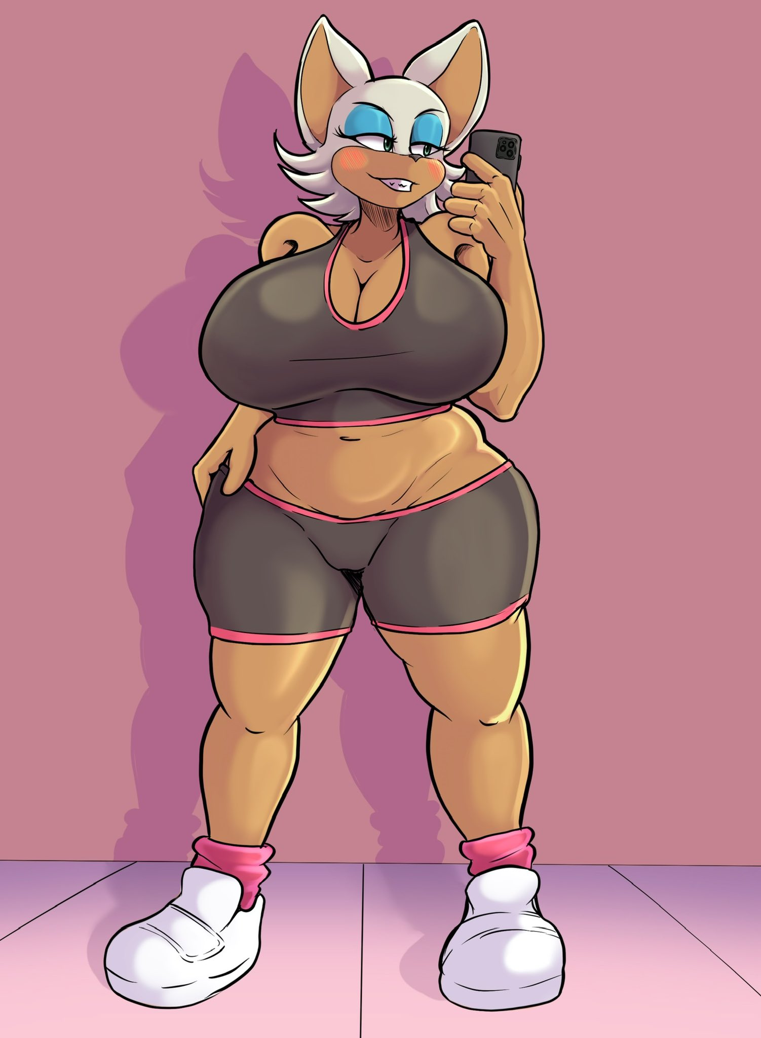 2026, 2d, 2d artwork, bat ears, bat girl, big breasts, blush, breasts bigger than head, high resolution, highres, large breasts, mobian (species), nasumaki, phone, pink wall, rouge the bat, sega, selfie, sonic (series), sonic the hedgehog (series), sports bra, sports shorts, tagme, thick thighs, tits bigger than head