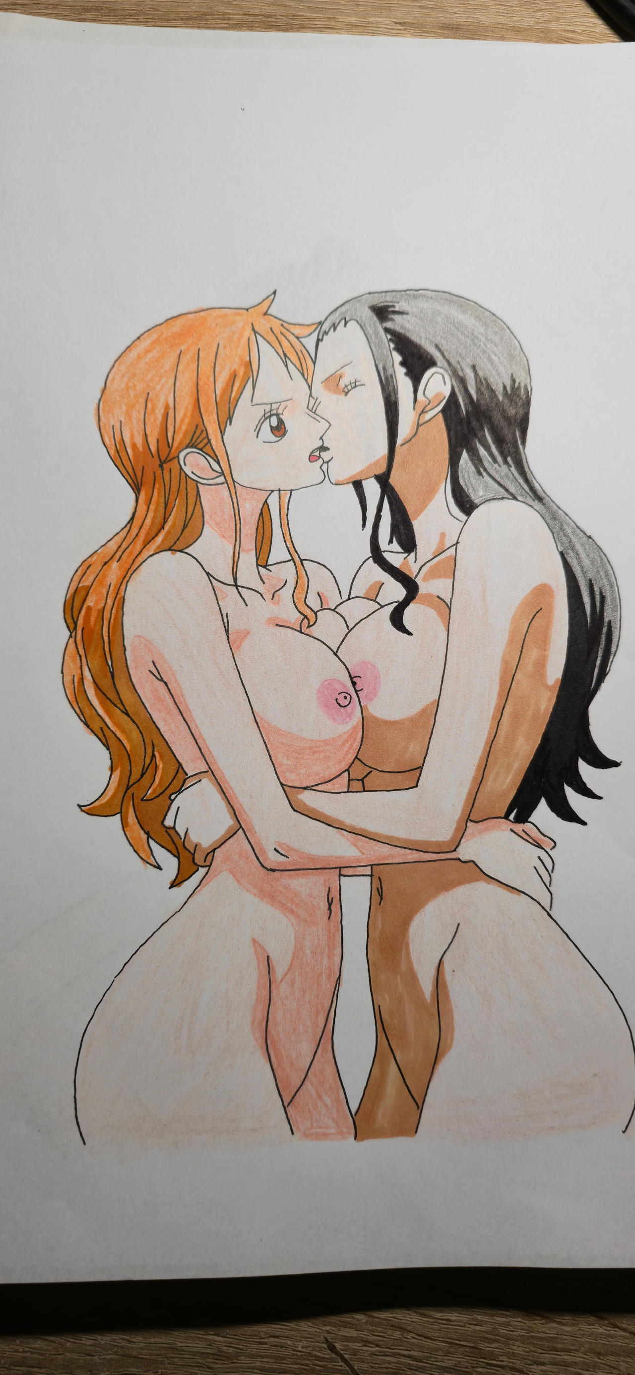 2girls, animelover24199, black hair, female, female only, nami (one piece), nico robin, one piece, orange hair