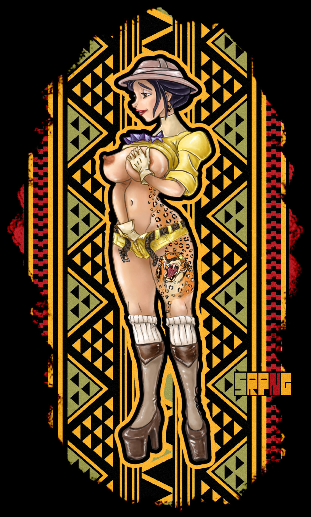 1girls, areola, belt, bimbo, black hair, breast fondling, breasts, busty, cleavage, disney, exposed breasts, eyeshadow, female, female only, hand in shorts, hat, high heels, hourglass figure, jane porter, kneehighs, lipstick, makeup, masturbation, navel, nipples, platform heels, puffy sleeves, pussy, pussy rub, shirt lift, short shorts, solo, solo female, srpng, tagme, tarzan (1999 film), tattoo, victorian, voluptuous