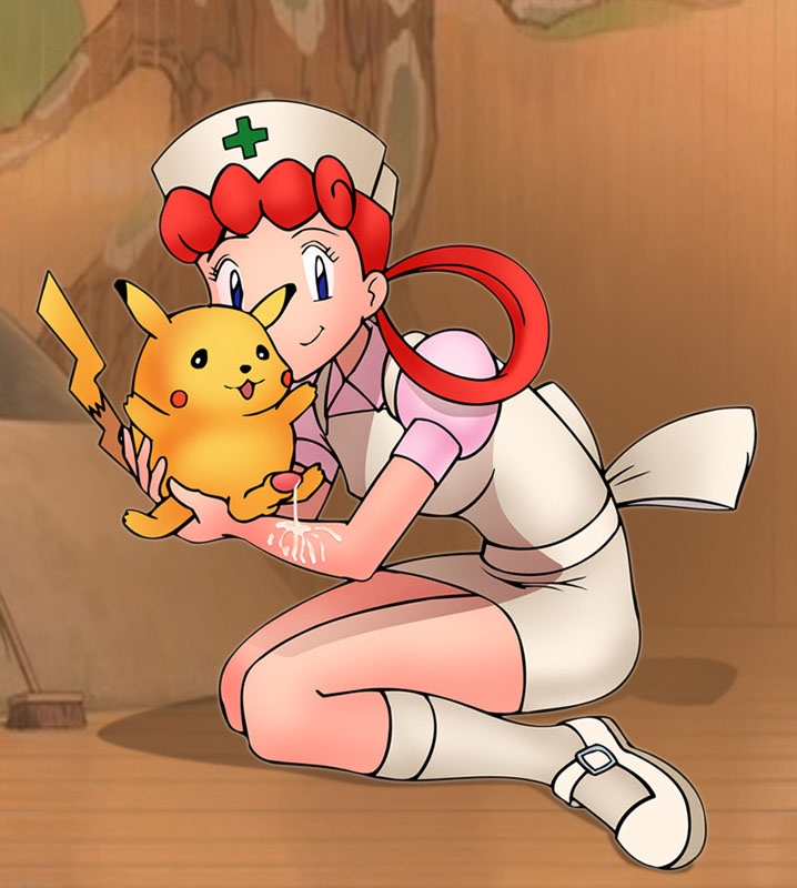 carrying clothes color cum female human interspecies male nintendo nude nurse_joy penis pikachu pokemon pokephilia sitting size_difference tagme