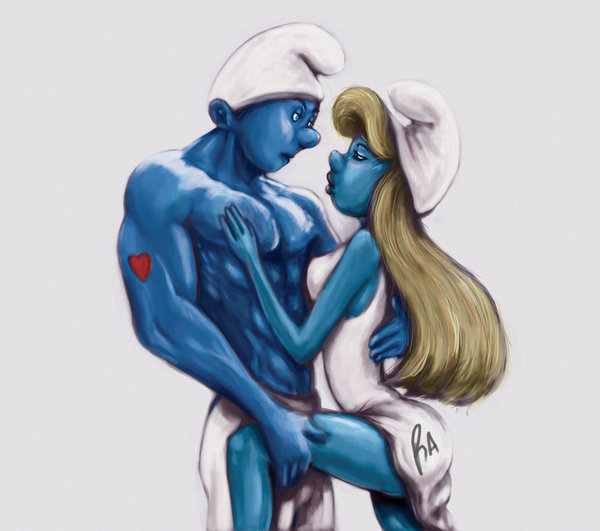 abs biceps big_muscles blue_skin clothed clothing dress female hand_on_chest hefty_smurf male muscle muscle_worship muscles nippleless_male pants pecs romantic serratus_anterior smurfette straight the_smurfs topless what