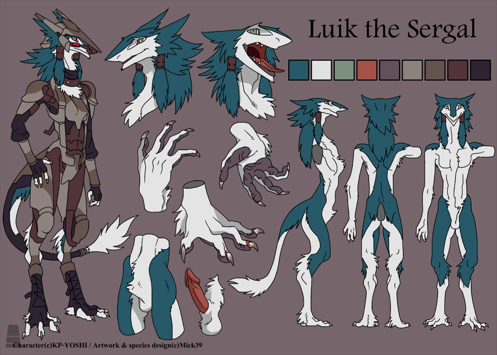 1boy anthro armor furry green_eyes luik male male_only mick39 model_sheet northern paws penis sergal simple_background solo teal