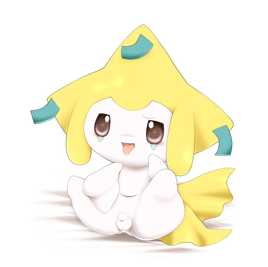 1boy balls blush jirachi male male_only nintendo open_mouth plain_background pokemon pokemon_(species) schnecken sitting solo spread_legs spreading tongue tongue_out video_games white_background