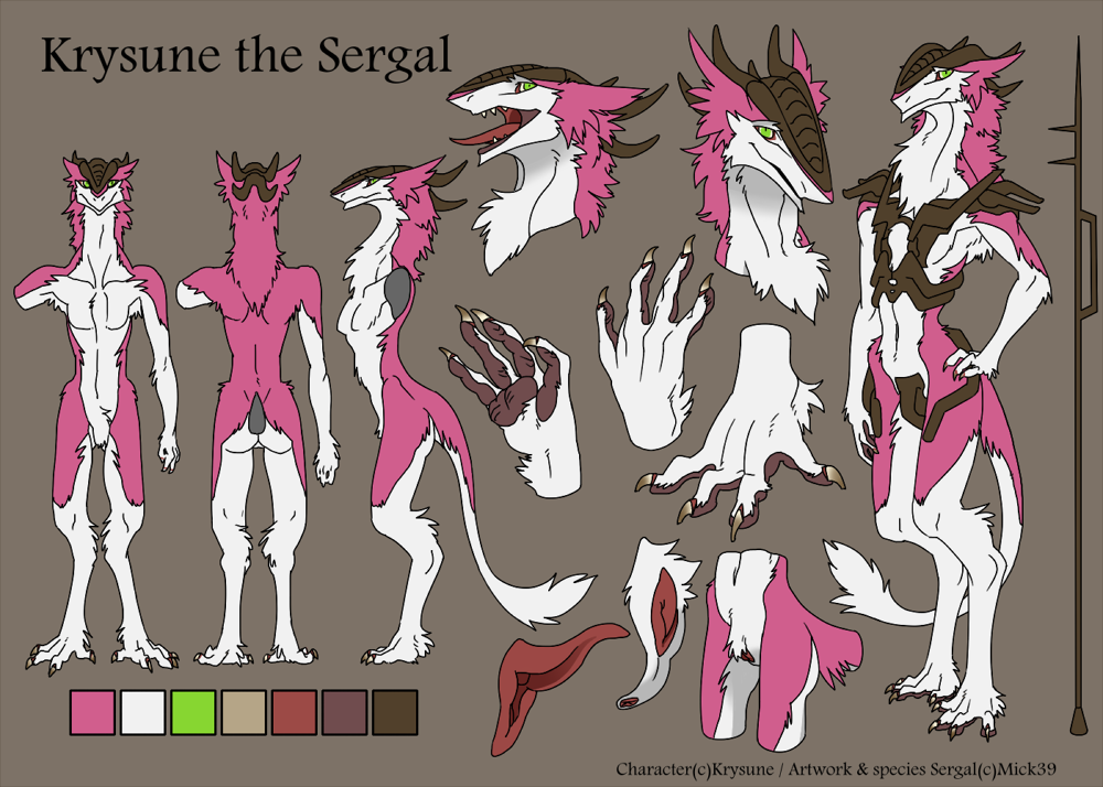 1girls anthro armor female female_only furry green_eyes horn krysune lance mick39 model_sheet murgal non_canon sergal solo