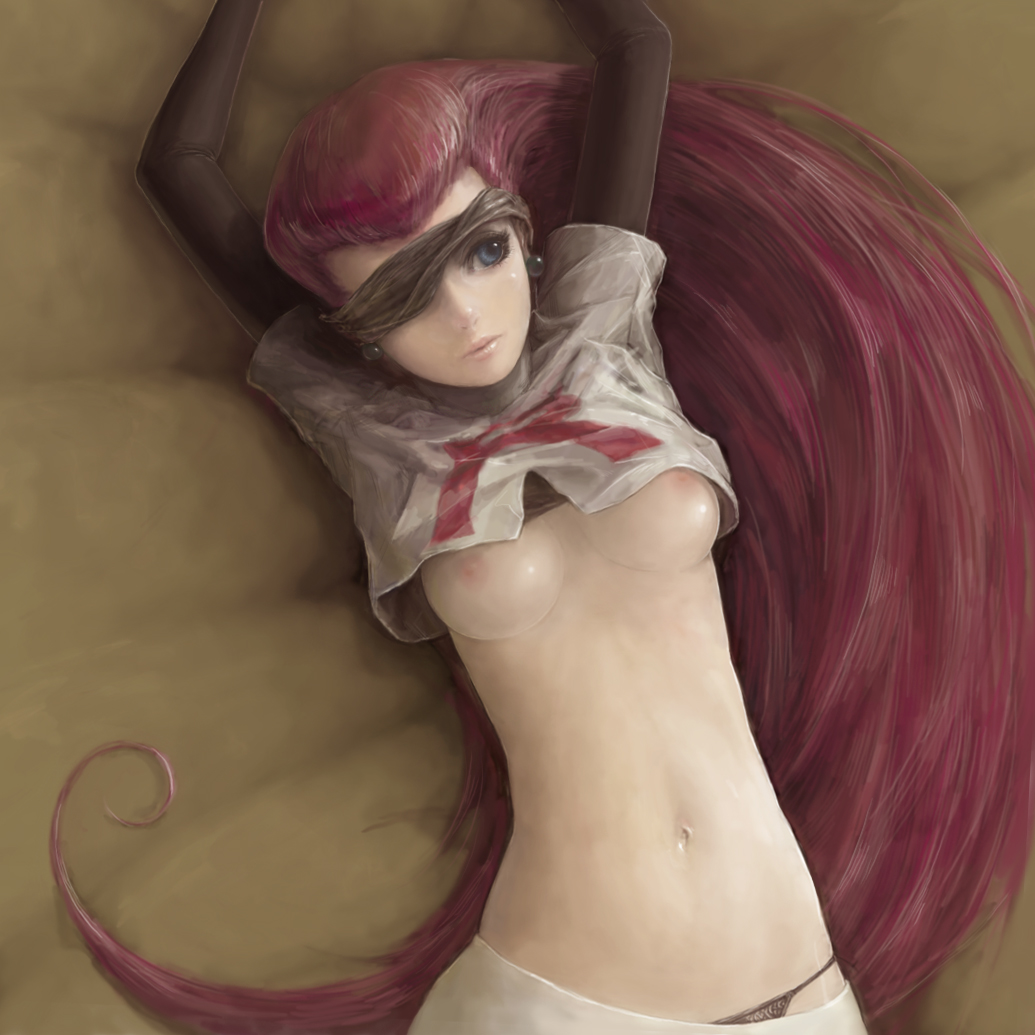 blindfold blue_eyes breasts clothes_writing crop_top earrings elbow_gloves face female female_only flapper_shirt gloves human human_only igau jessie_(pokemon) jewelry lips long_hair lying navel nipples on_back panties pokemon pokemon_(anime) realistic red_hair shirt_lift skirt solo team_rocket underwear