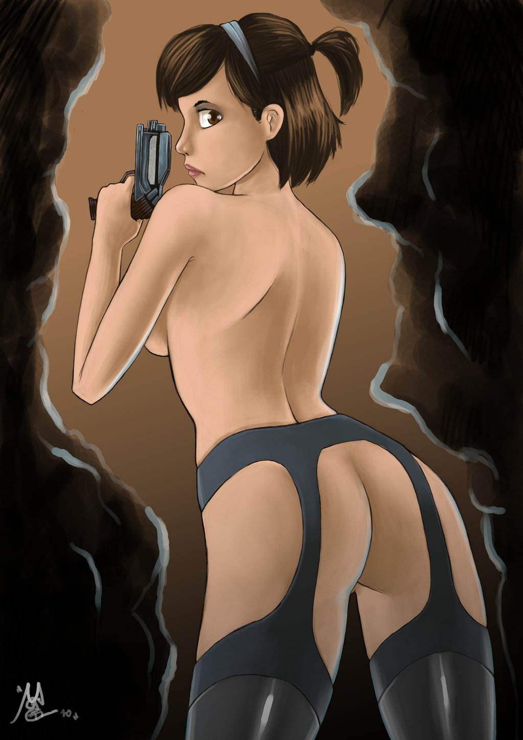 ass back_view brown_eyes brown_hair ccdck dead_space electronic_arts female female_only gun hairband holding_object human lexine_weller looking_back solo standing tagme topless weapon