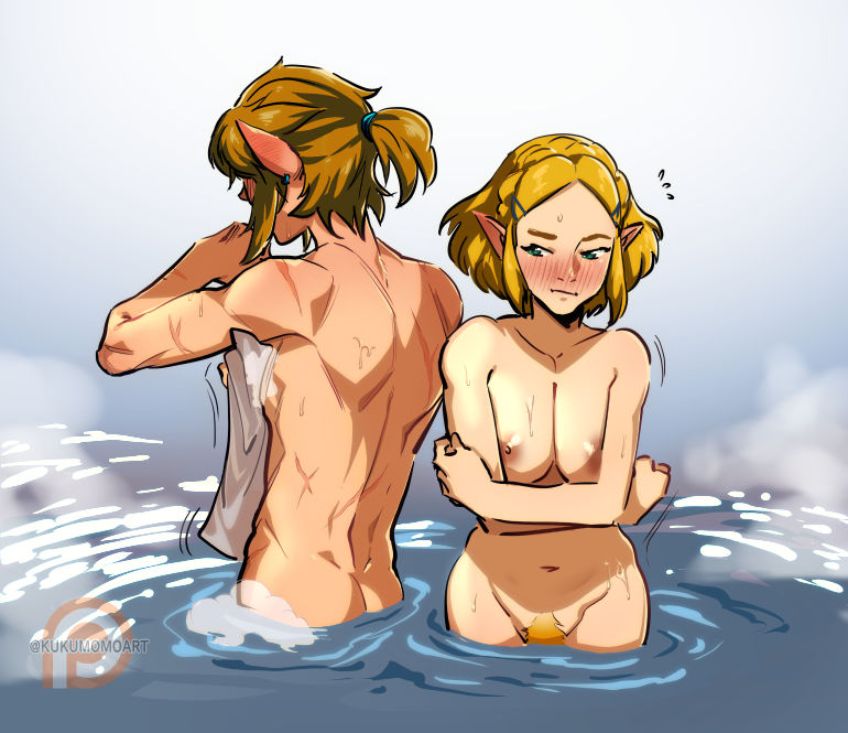 1boy, 1girls, areolae, back muscles, bath, bathing, blonde, blonde hair, blonde pubic hair, blush, breasts, casual, embarrassed, embarrassed nude exposure, embarrassed nude female, female, female pubic hair, hairy pussy, hylian, kukumomo, large breasts, link, link (breath of the wild), male, muscles, muscular, muscular male, navel, nintendo, nipples, nonsexual nudity, nude, pale skin, pointy ears, princess zelda, pubes, pubic hair, pussy, pussy hair, tears of the kingdom, the legend of zelda, washing, water, wide hips, zelda (tears of the kingdom)