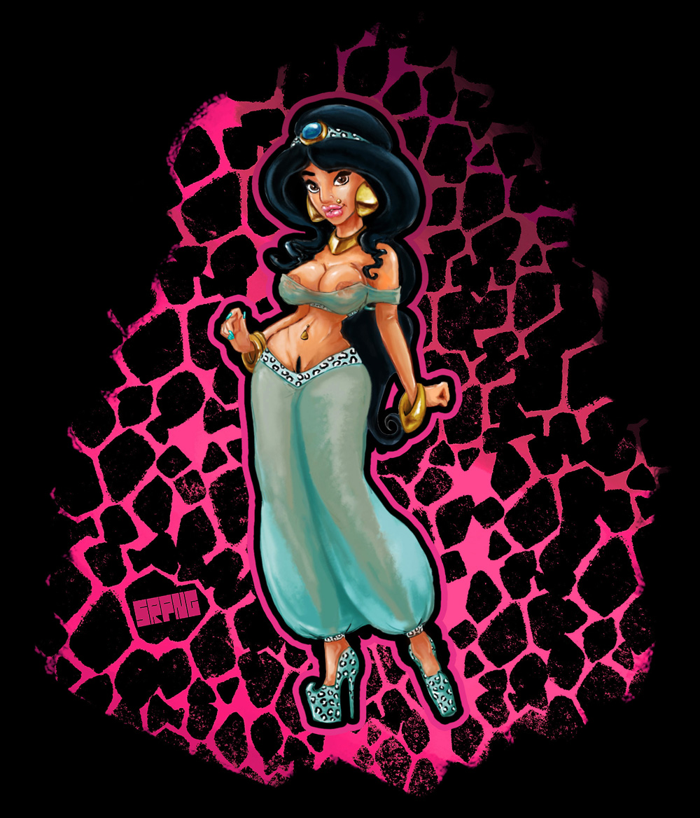 aladdin arabian_clothes big_breasts big_lips bimbo black_hair brown_skin dark-skinned_female dark_skin disney disney_princess exposed_nipples harem_outfit high_heels hourglass_figure necklace princess_jasmine pubic_hair_peek pussy see-through srpng