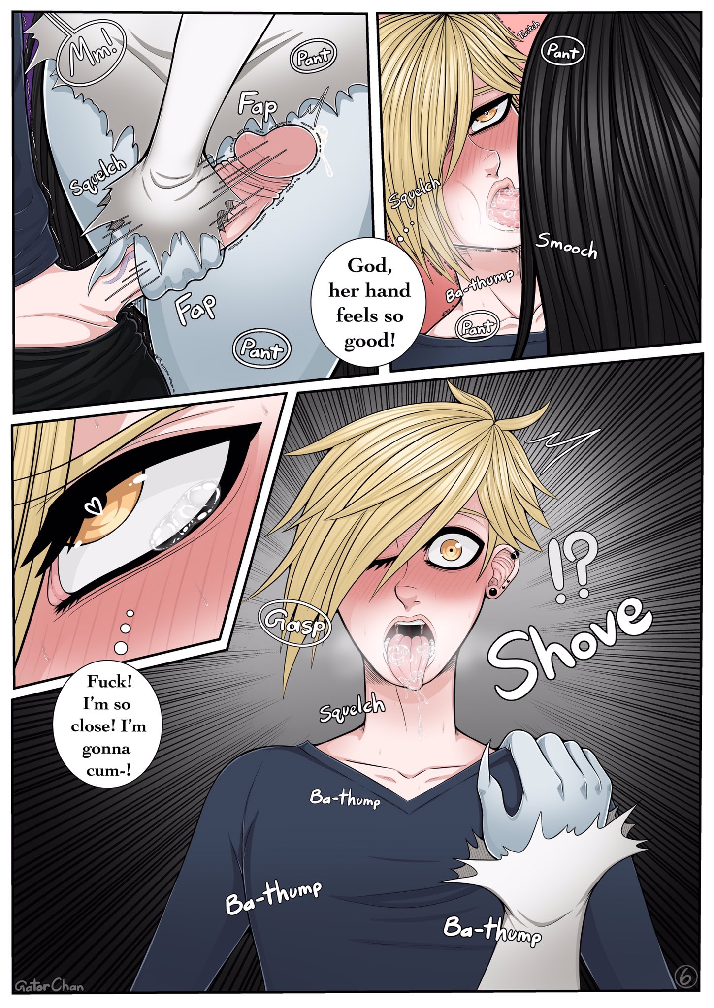 1boy, 1girls, big breasts, black sclera, blonde hair, bloody mary, blush, breasts, bust, busty, cleavage, comic, demon, demon girl, english text, female, gatorchan, ghost, ghost girl, hourglass figure, human, human form, humanoid, imminent rape, imminent sex, jake (gatorchan), large breasts, larger female, light skin, light-skinned female, light-skinned male, lips, male, male human/female ghost, male human/female humanoid, male/female, mature, mature female, monster, monster girl, nightmare waifu, original, page 6, pale skin, pale-skinned female, red eyes, seductive, sharp teeth, size difference, smaller male, straight, top heavy, upper body, voluptuous, wholesome