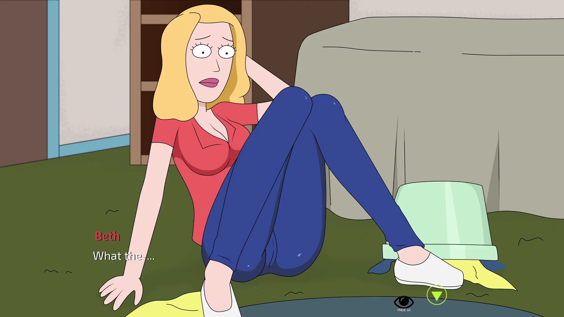 1girls, ass visible through thighs, beth smith, big breasts, blonde hair, breasts, cameltoe, clothed, female, female focus, female only, ferdafs, fully clothed, lipstick, mature female, milf, mother, older female, on floor, pussy, red shirt, rick and morty, rick and morty: a way back home