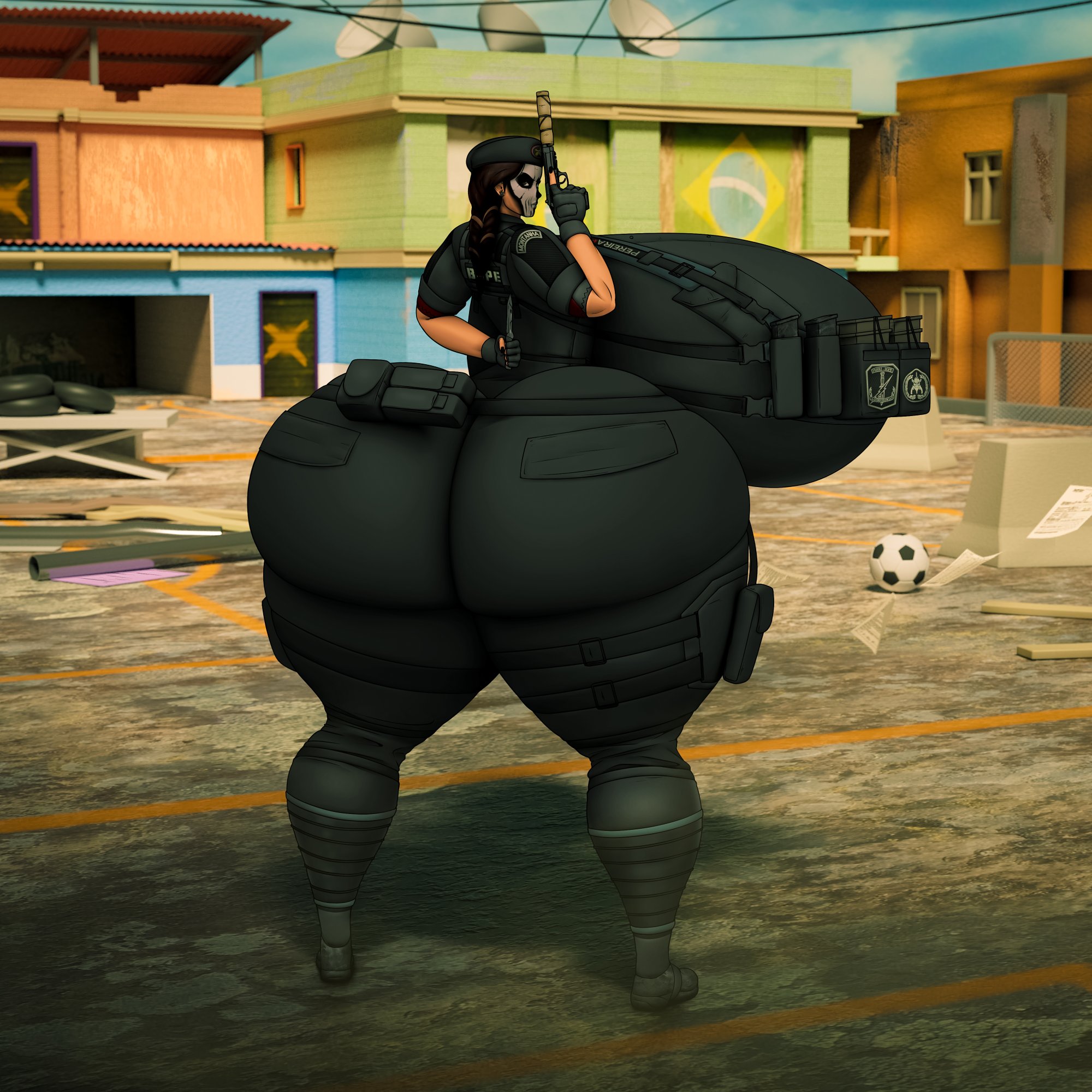 1:1, 1girls, absurd res, ass, ball (object), big ass, big breasts, brazilian, brazilian female, brazilian flag, breasts, caveira (rainbow six), clothed, clothing, female, female only, firearm, fully clothed, gun, handgun, hat, hi res, holding gun, holding object, holding pistol, holding weapon, huge ass, huge breasts, huge hips, hyper, hyper ass, hyper breasts, knife, latina, pistol, police, police uniform, rainbow six, rainbow six siege, ranged weapon, solo, someshittysketches, suppressor, thick ass, thick thighs, uniform, vest, video games, weapon, wide hips