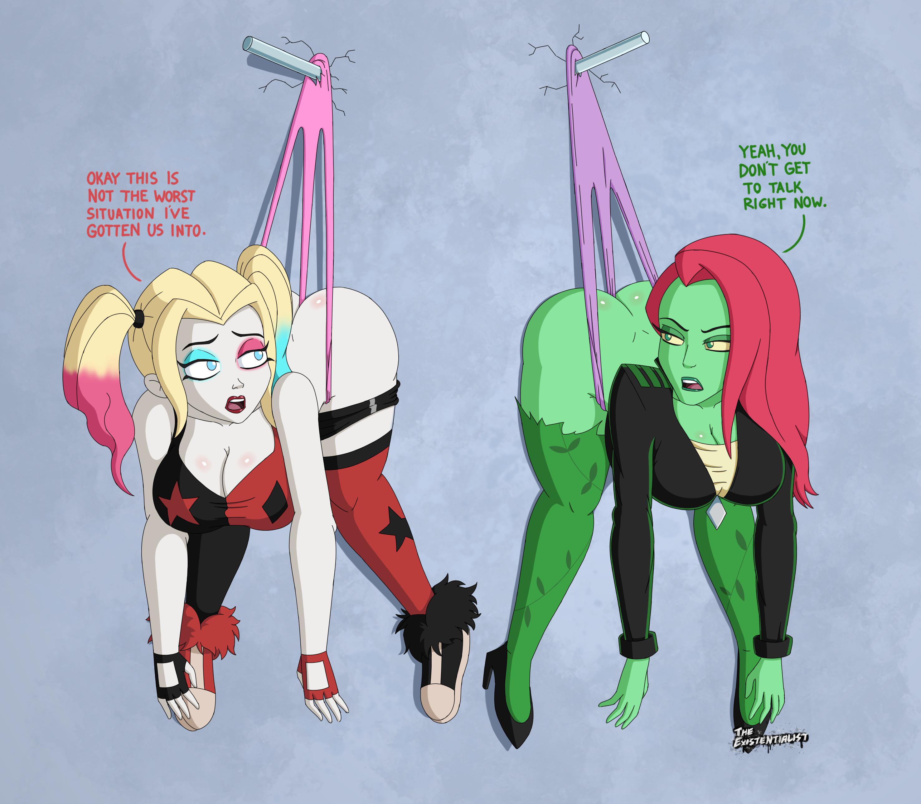 2d, 2girls, ass, ass cheeks, choker, cleavage, clothing, dc, dc comics, double wedgie, female, footwear, green skin, green-skinned female, handwear, harley quinn, harley quinn (series), human, multiple females, multiple girls, pamela isley, poison ivy, red hair, twintails, wedgie