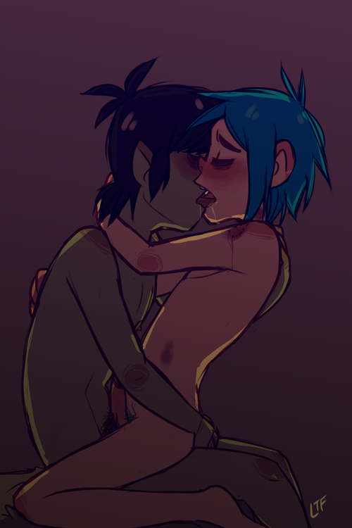 2boys 2d_(gorillaz) anal anal_penetration anal_sex black_hair blue_hair blush bruise cute gay gorillaz green_skin kissing lemonteaflower light_skin ltf male male/male male_only multiple_boys murdoc_niccals penis sex tongue_out yaoi