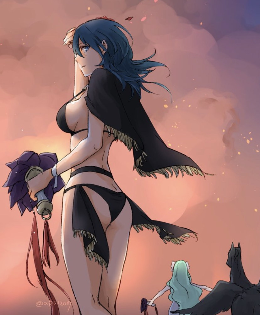 2girls alternate_costume apr12017 ass bikini black_bikini black_swimsuit blue_hair byleth_(fire_emblem) byleth_(fire_emblem)_(female) byleth_(summer)_(fire_emblem)_(female) cape cropped dagger female fire_emblem fire_emblem:_three_houses fire_emblem_heroes flower flower_in_hair green_hair holding holding_object long_hair looking_at_viewer medium_hair nintendo outdoors outside purple_eyes rhea_(fire_emblem) rhea_(summer)_(fire_emblem) robaco sideboob solo swimsuit weapon