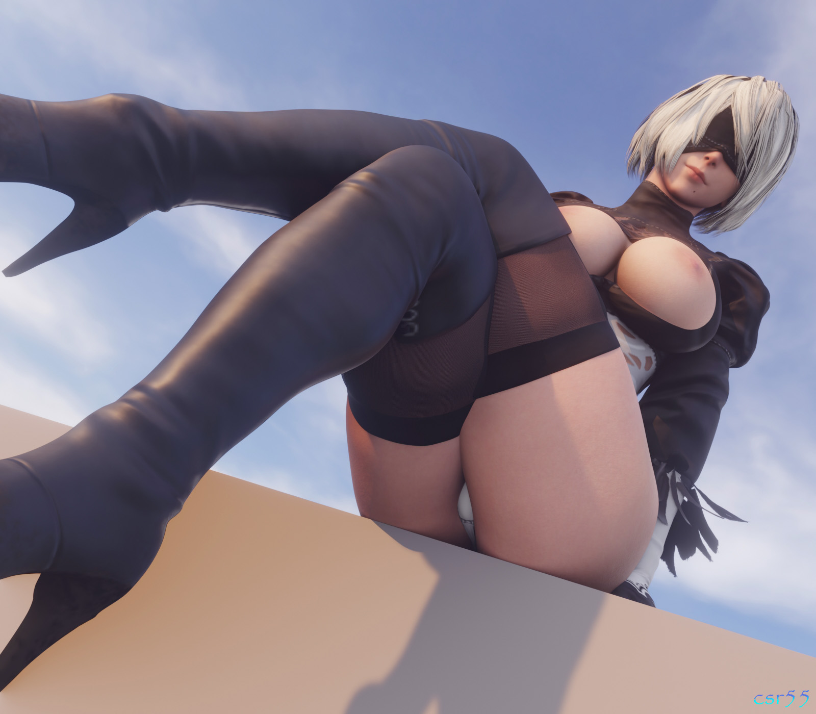 3d, black blindfold, black legwear, blindfold, breasts, breasts out, crossed legs, csr55, female, juliet sleeves, leotard, nier, nier (series), nier: automata, sitting, thigh boots, white hair, white leotard, yorha 2b